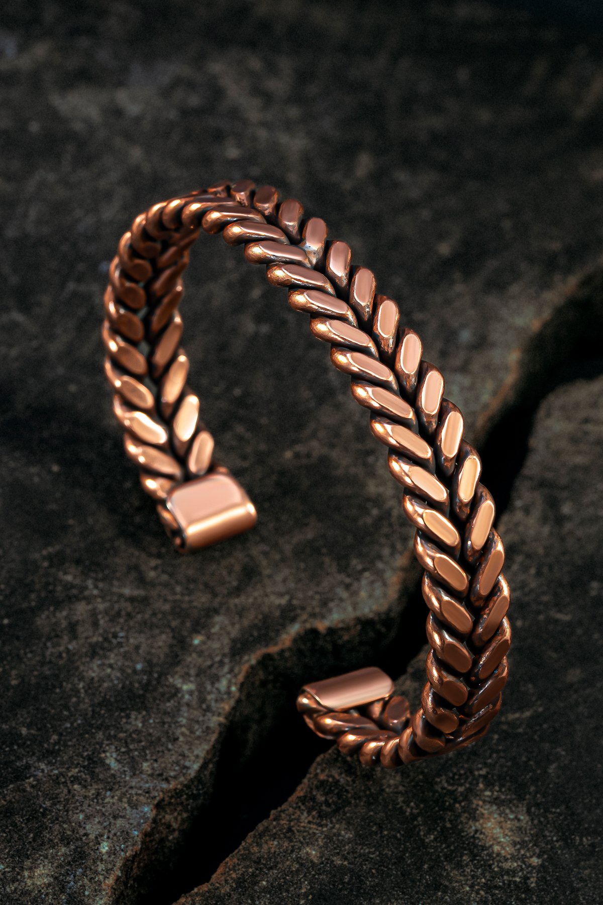 Copper Vena Model Bakır Kelepçe Bilezik Erkek Kadın Kuvars Taşı ve Metal Kutulu