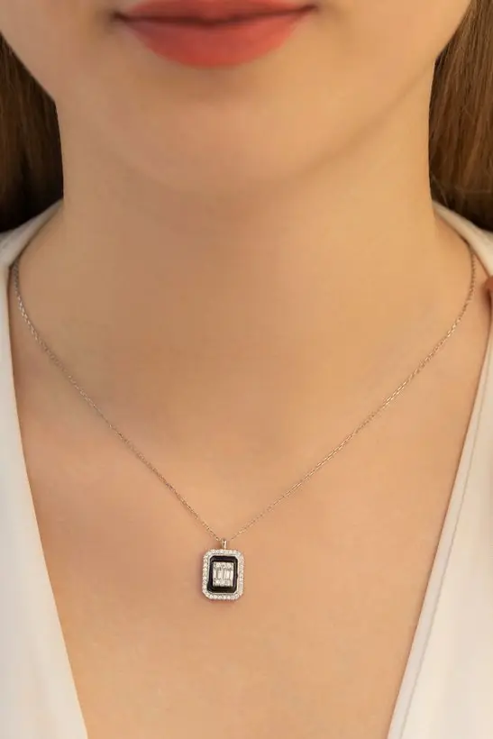 Square Baguette Stone-set Women's Silver Necklace Chain GKLKRBGTM1D-ROS