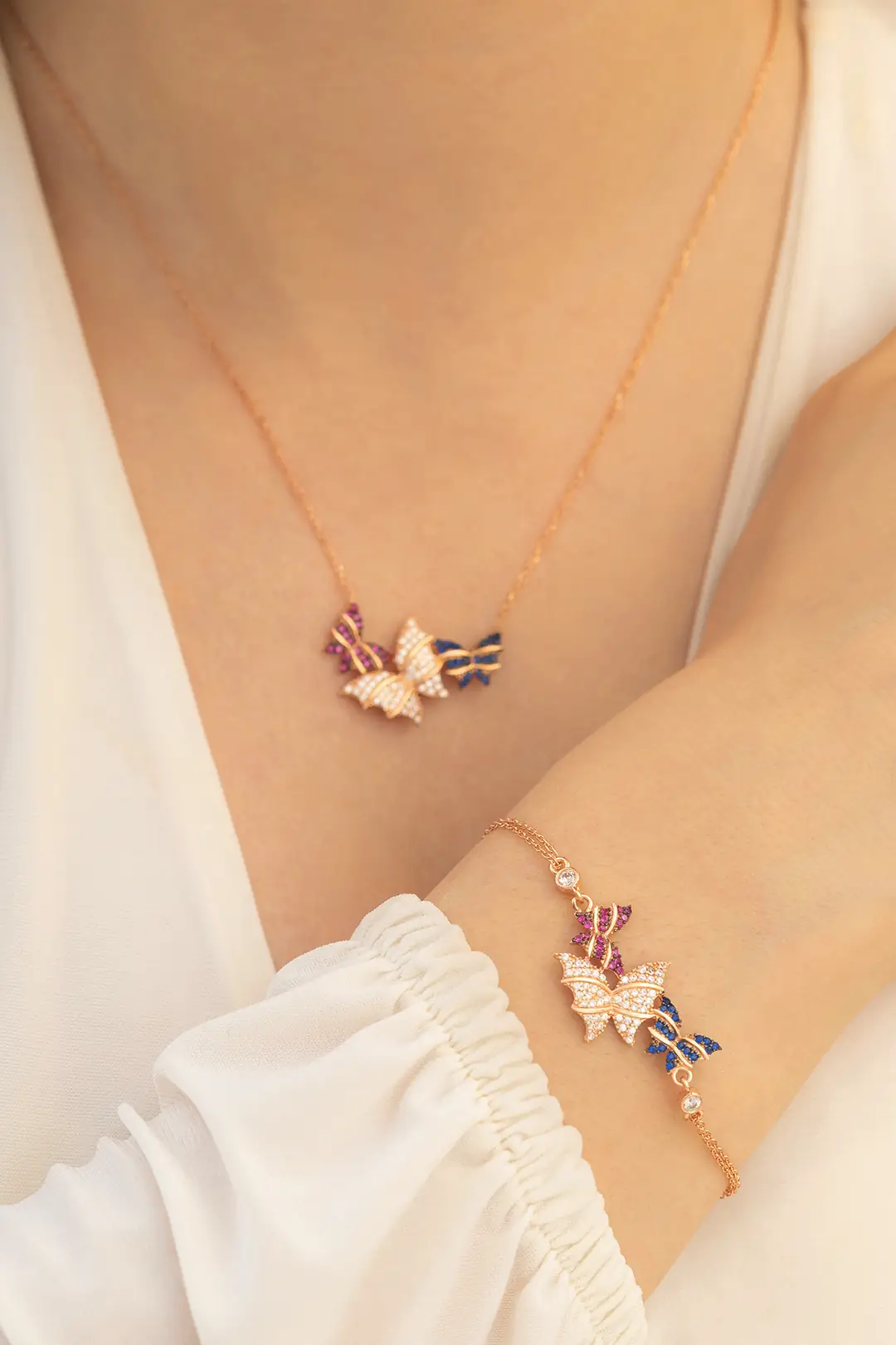 Women's Silver Necklace Bracelet Set Rose Butterfly Silver Necklace Bracelet Set