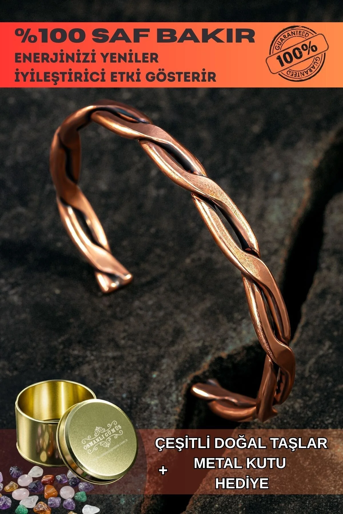 Copper Knit Bakır Kelepçe Bilezik Erkek Kadın Doğal Taşlar ve Metal Kutulu