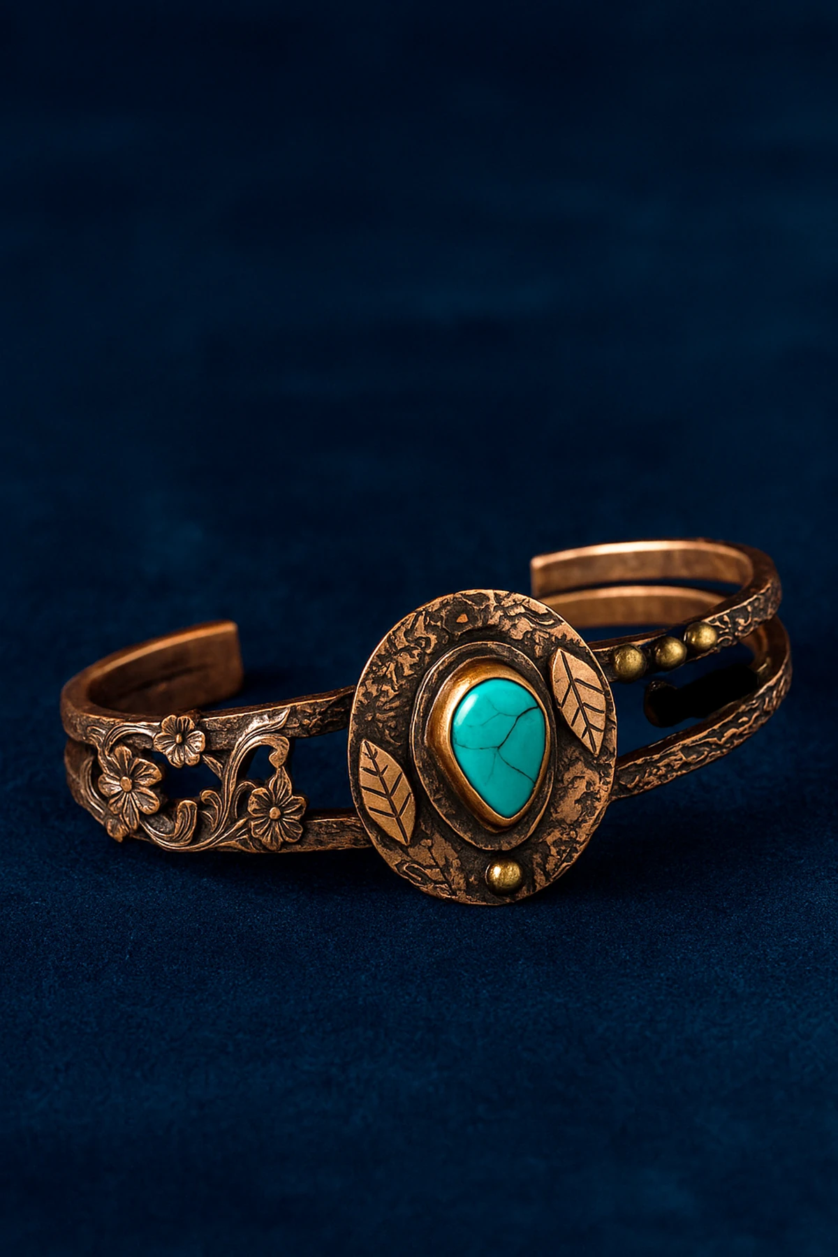 Kadın Bakır Bileklik - Turkuaz Firuze Taşlı Damla Model Kadın Bilezik Metal Kutu ve Doğal Taşlar