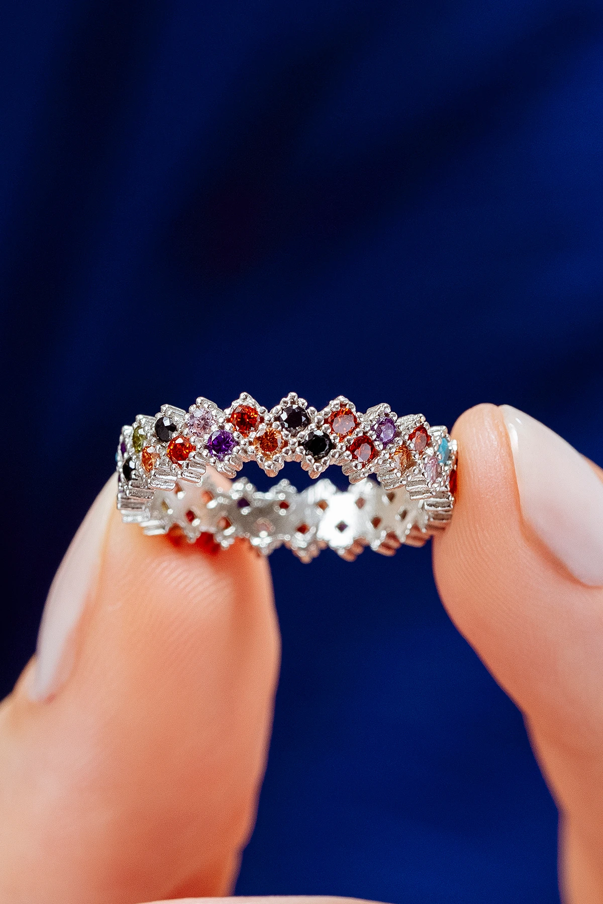 Kadın Gümüş Yüzük - Renkli Zirkon Taşlı Çift Sıra Tamtur Gümüş Yüzük