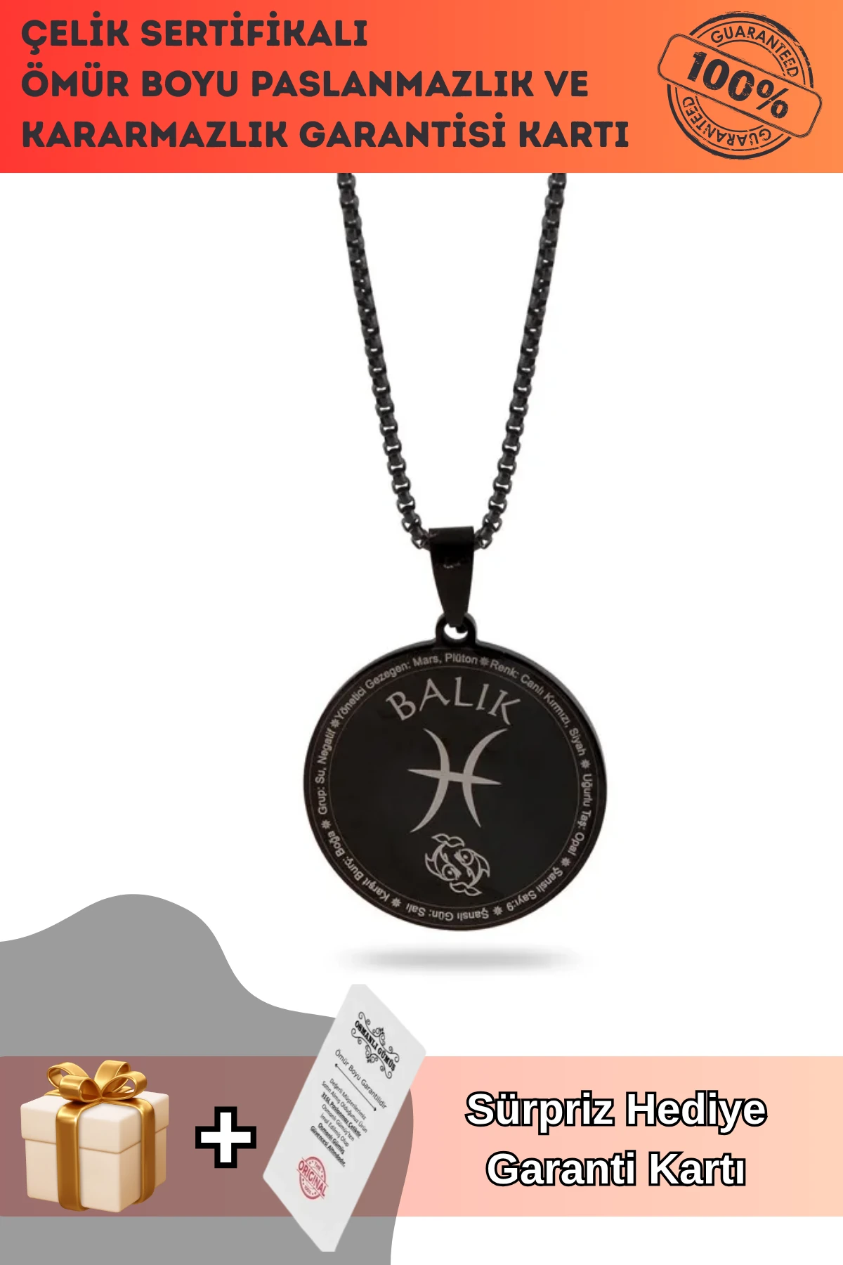 Balık Burcu Kolyesi Çelik Kolye Siyah Polo Zincir Cklbalıkbrc-syh
