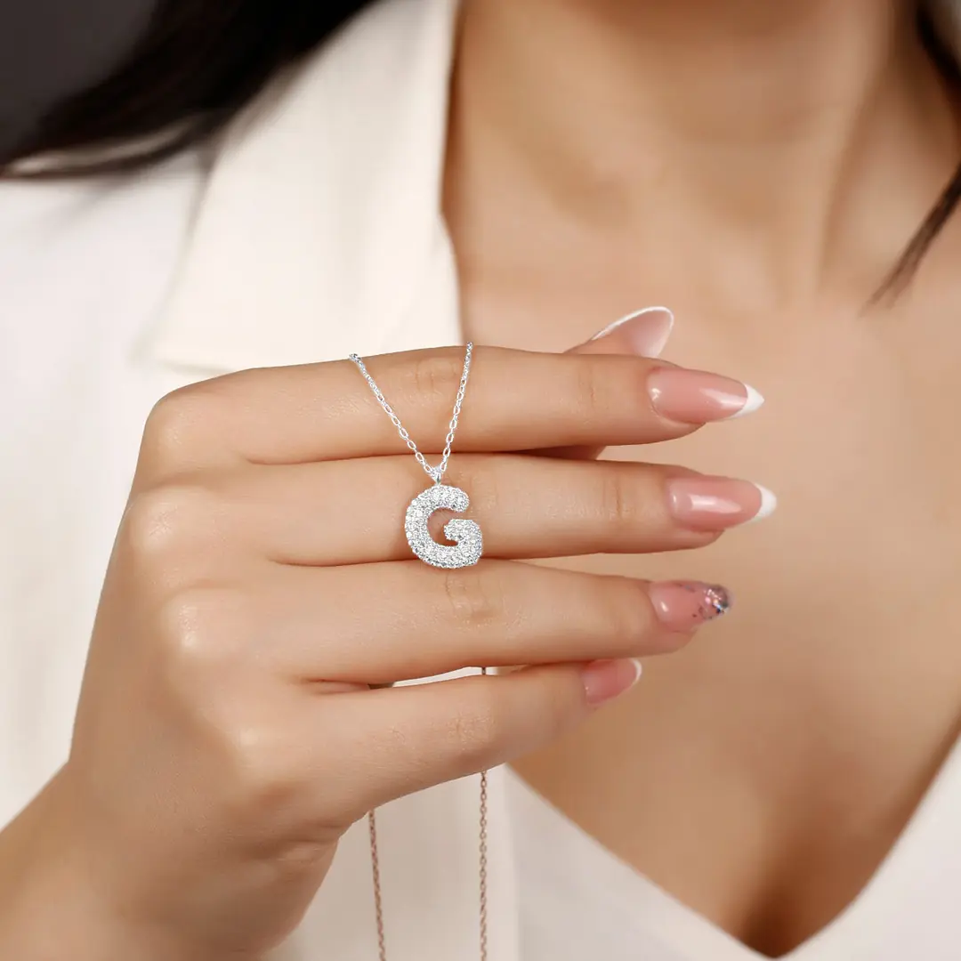 Women's Silver Necklace G Letter Zircon Stone-set Balon Letter Women's Necklace