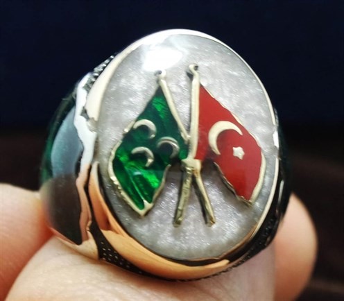 Gümüş Erkek Yüzük Bayrak Ve Üç Hilal Motifli Mineli Lüks Model
