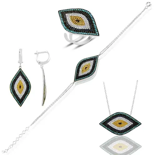 Evil Eye Amulet Motif Large Full Set Women's Silver Necklace Bracelet Ring Earrings Jewelry Set
