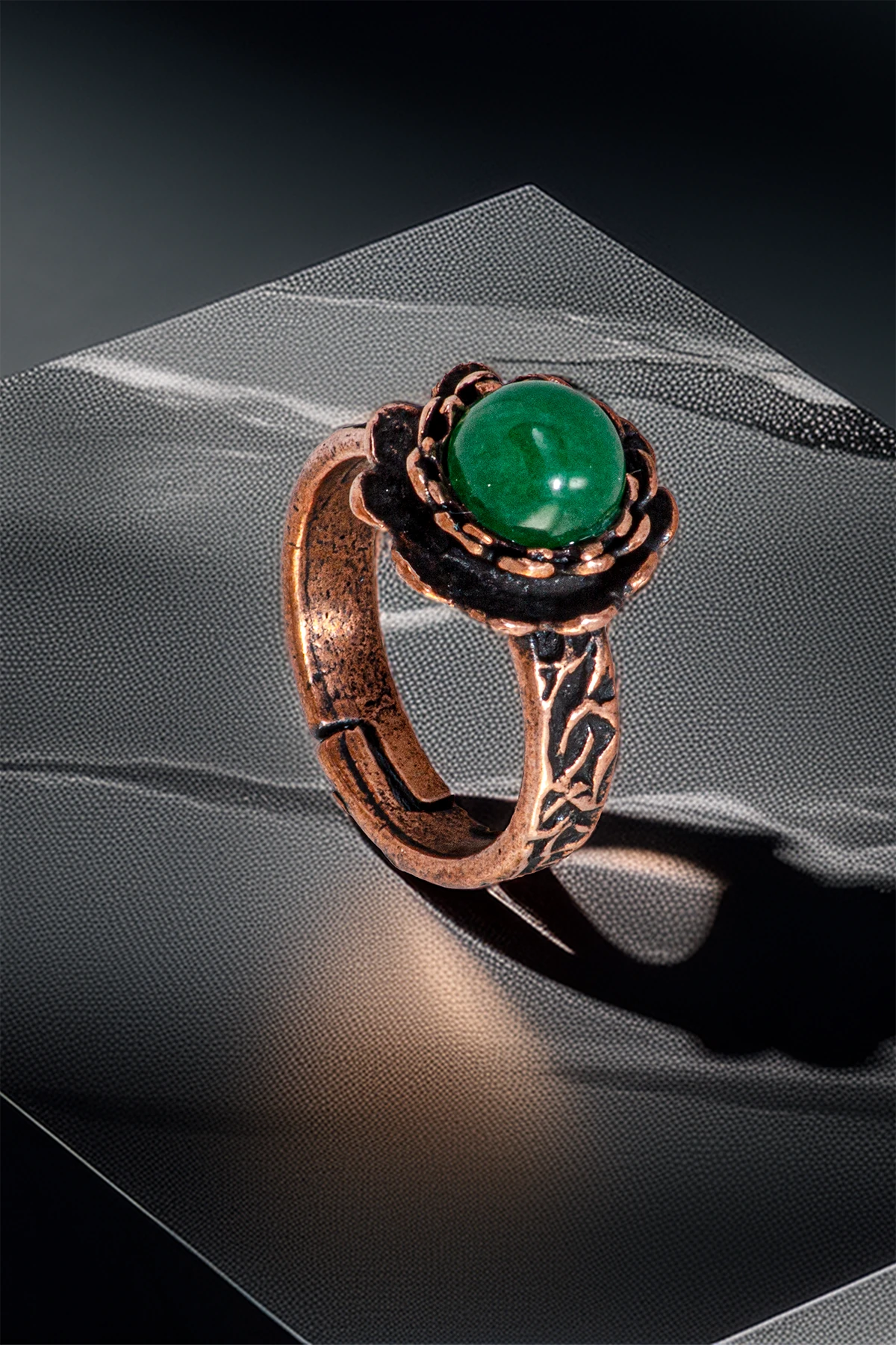 Kadın Bakır Bileklik Yüzük Set - Yeşil Akik Taşı Ağaç Kabuğu Model İnce Metal Kutu Kuvars Taş