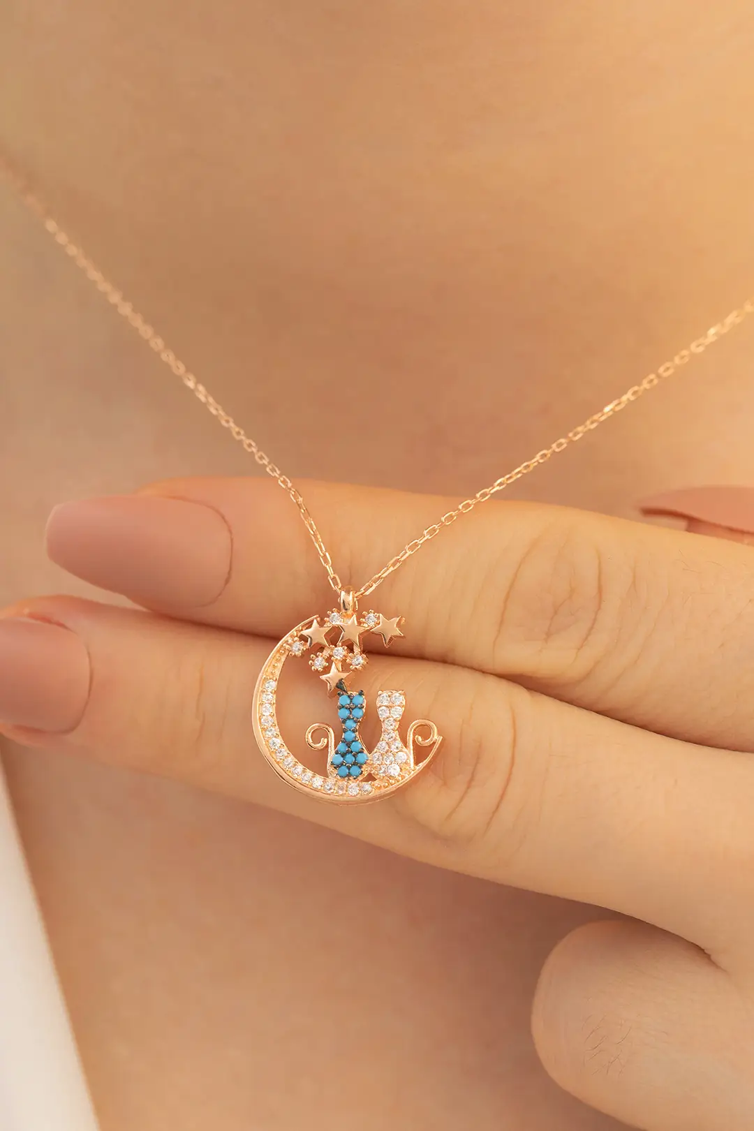 Women's Silver Necklace-Çift Cat Motif Silver Women's Necklace