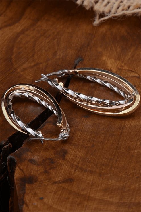Ottoman Üç Renk Oval Kesim Model 925 Ayar Gümüş Kadın Küpesi - GKPOVALKESM-KRS