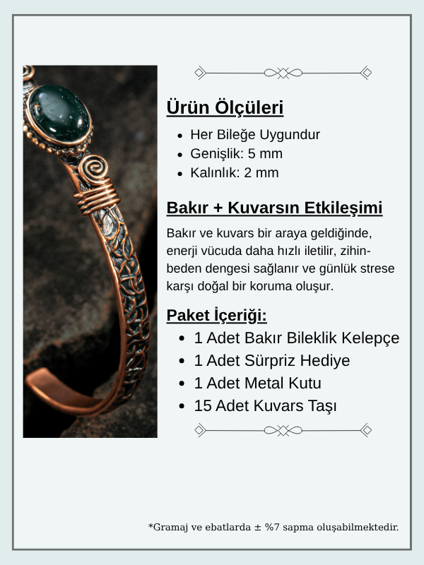 Bakır Kelepçe Bilezik Yeşil Akik Doğal Taş Erkek Kadın Kuvars Taşı ve Metal Kutulu