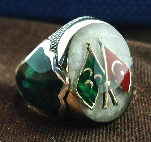 Gümüş Erkek Yüzük Bayrak Ve Üç Hilal Motifli Mineli Lüks Model