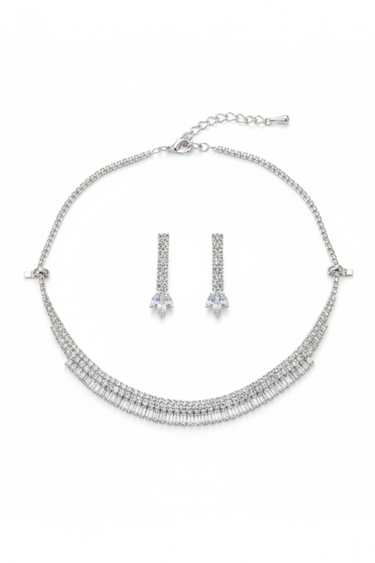 Kadın Bijuteri Kolye Küpe Set - Carolina Model Baget ve Zirkon Taşlı Zarif Su Yolu Set