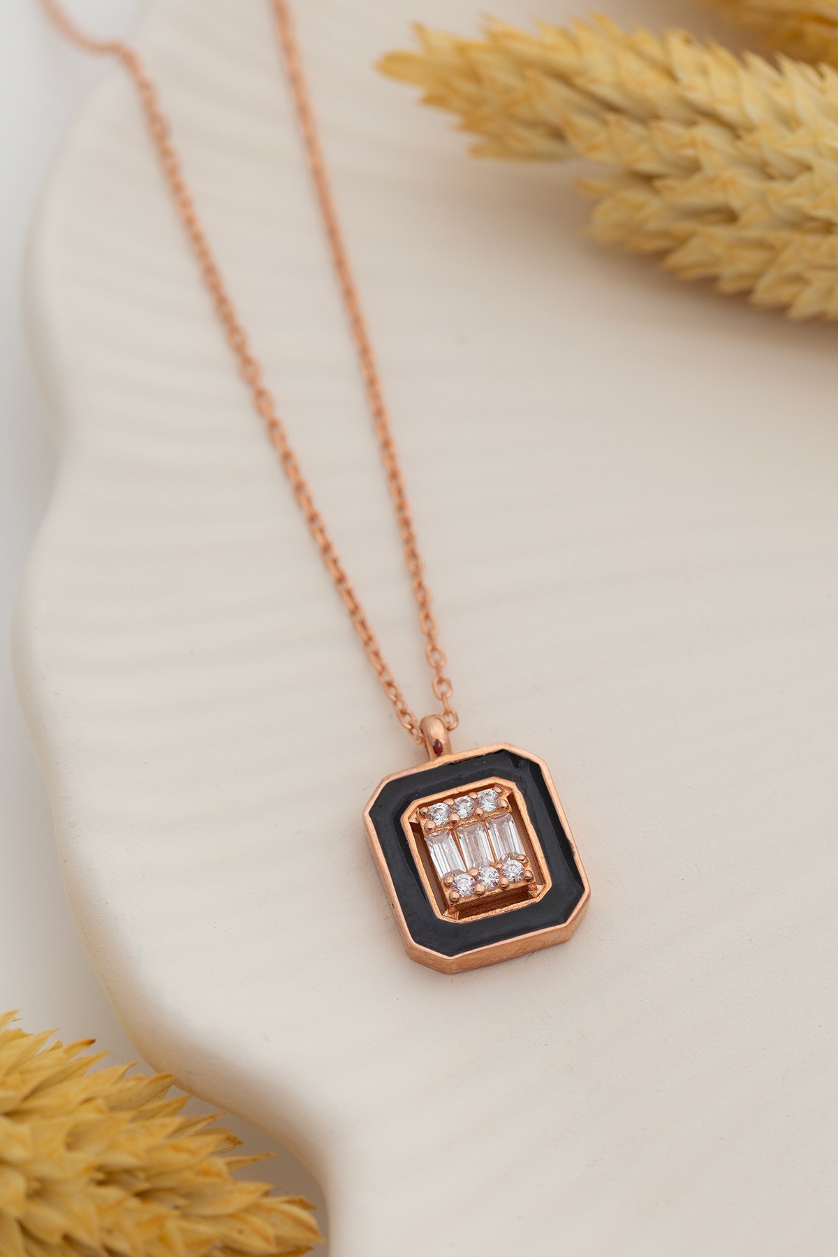 Kare Baget Taşlı Model 2 Kadın Gümüş Kolye Zincir GKLKRBGTM2D-ROS-Rose (bronz)