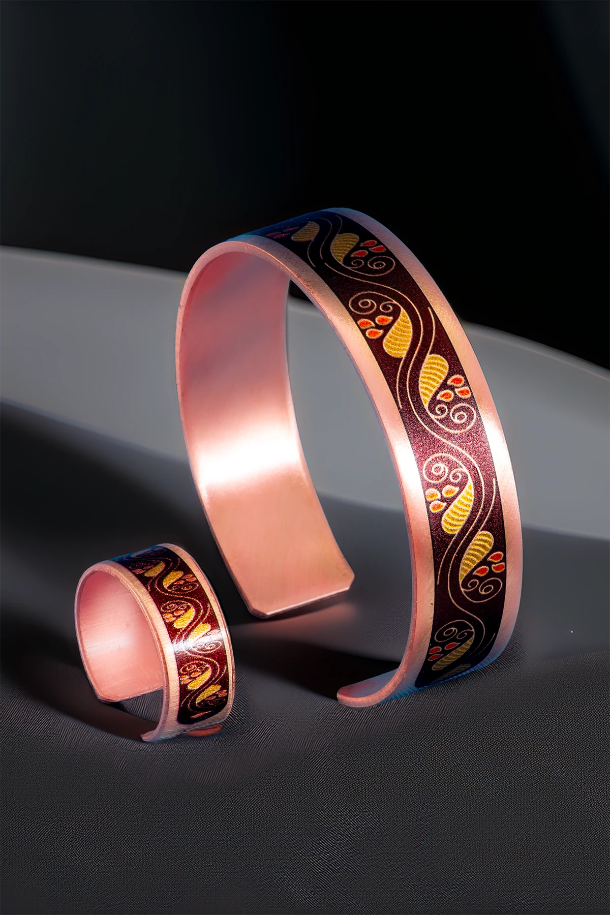 Kadın Bakır Bileklik Yüzük Set - Sonbahar Model Özel Baskı Metal Kutu Ve Kuvars Taşı