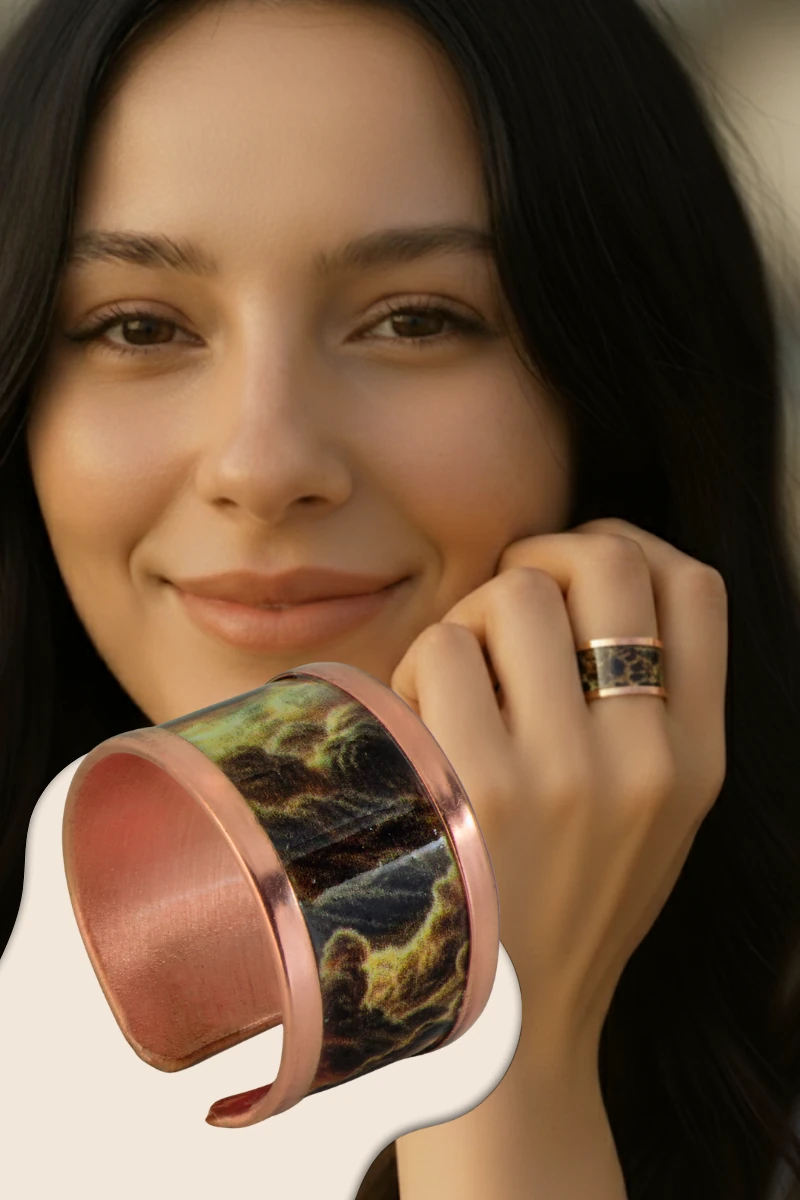 Kadın Bakır Bileklik Yüzük Set - Mia Model Özel Baskı Metal Kutu Ve Kuvars Taşı