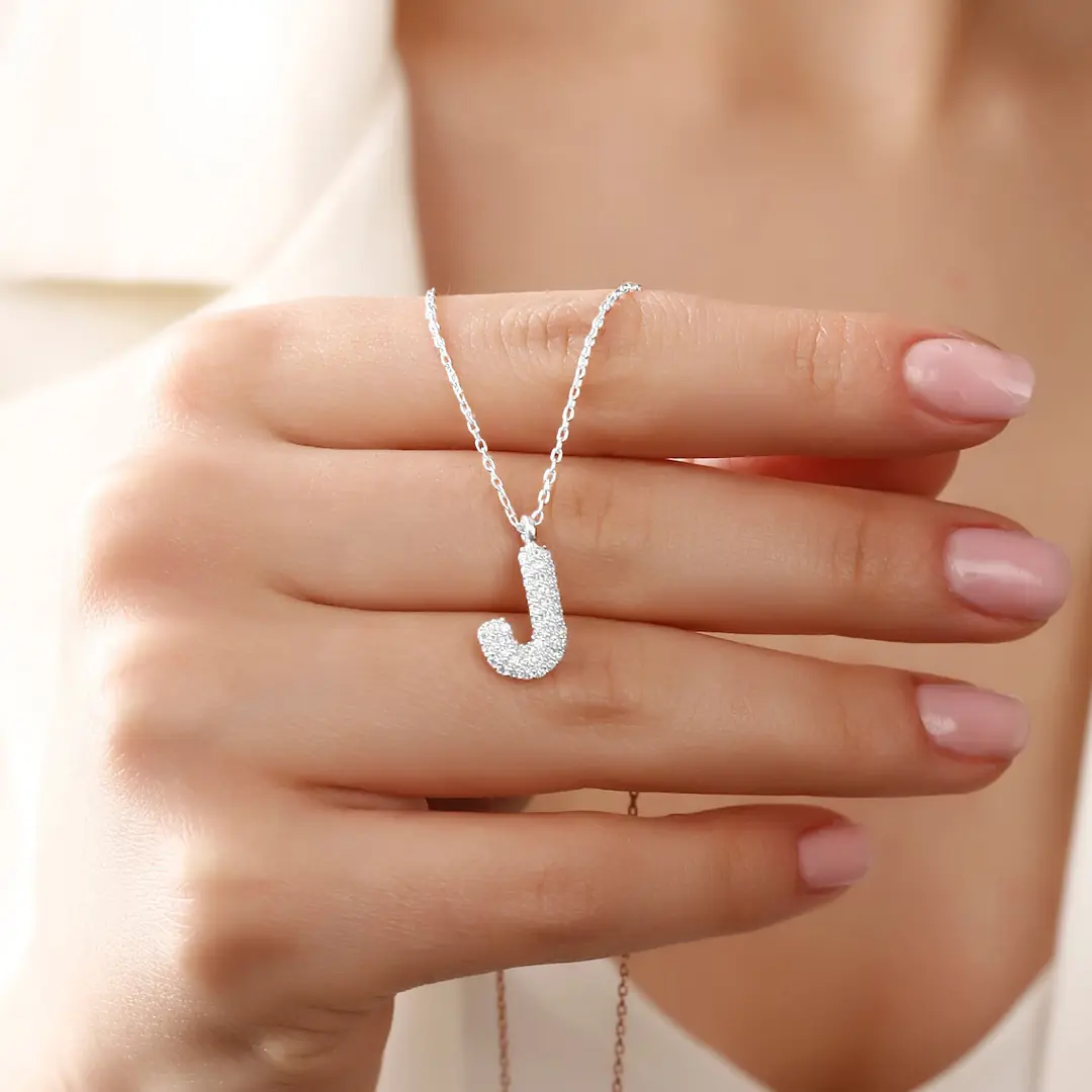 Women's Silver Necklace J Letter Zircon Stone-set Balon Letter Women's Necklace