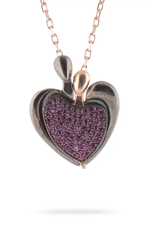 Pink Zircon Stone Kapli Gizli Hinged Women's 925 K Silver Necklace GKLZRCNKLPL-ALT