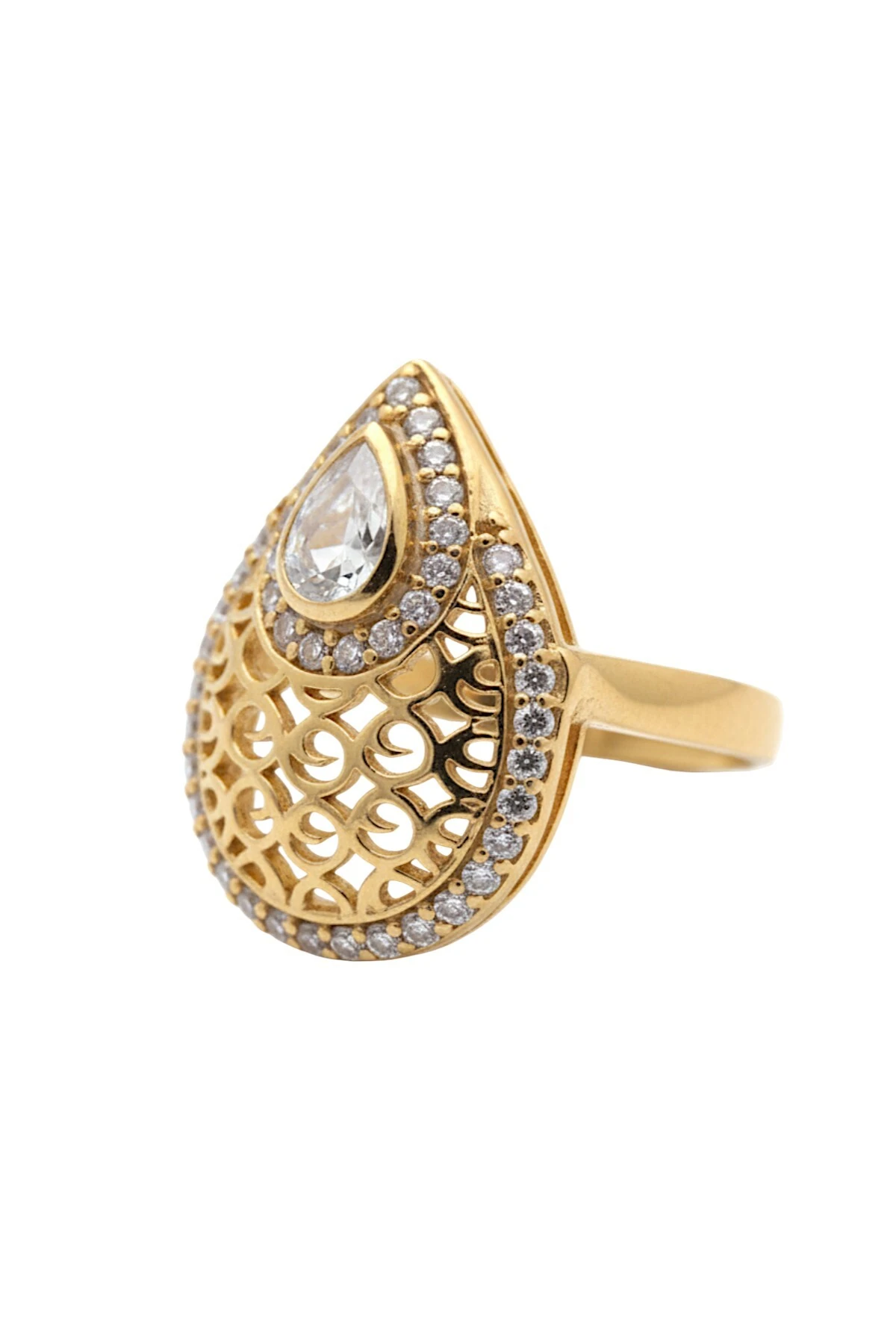 Kadın Gümüş Kolye Yüzük Küpe Set - Damla Model 22 Ayar Altın Kaplama Zirkon Taşlı Gümüş Set