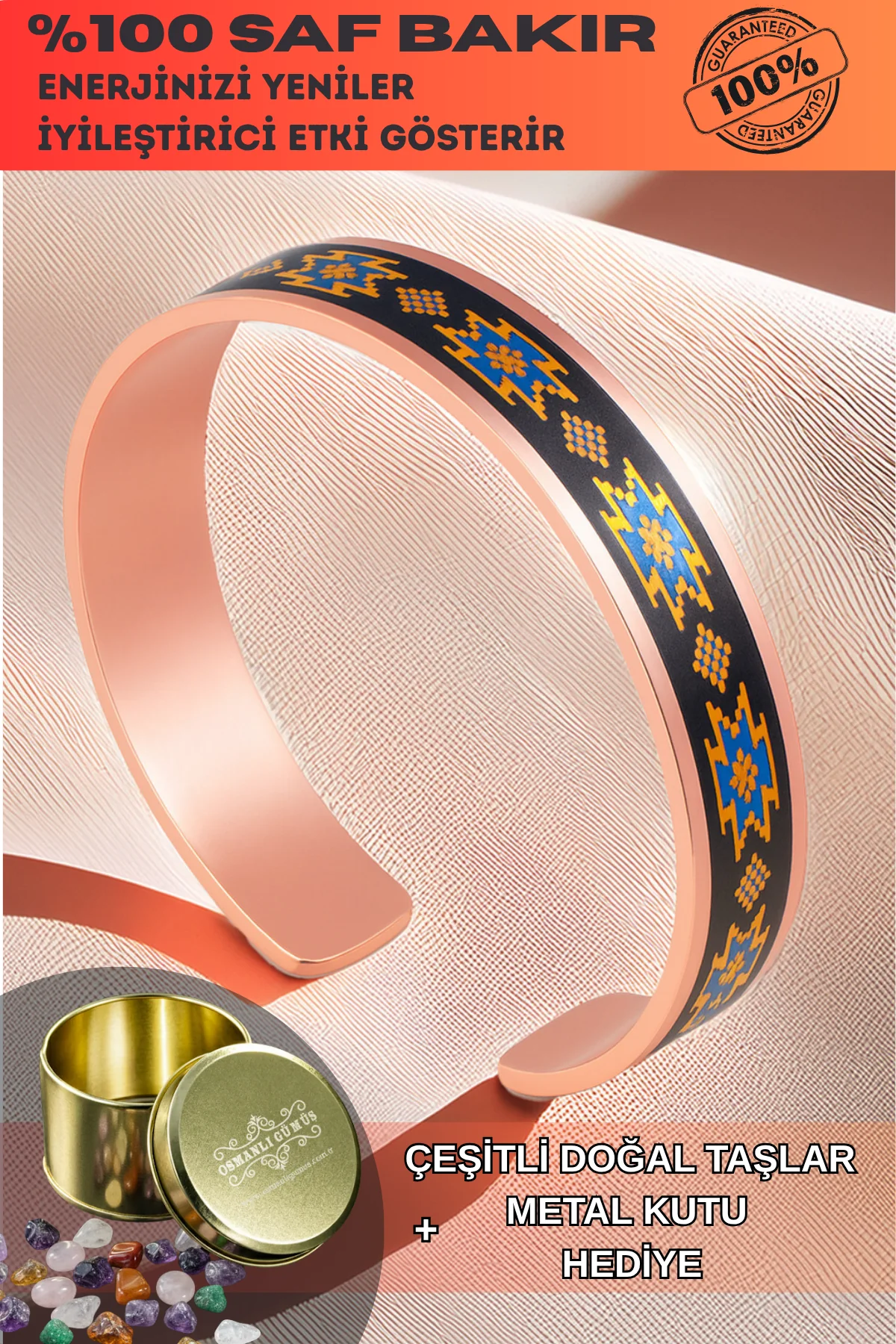 Kadın Bakır Bileklik - Alice Model Özel Baskı Metal Kutu Ve Doğal Taşlar