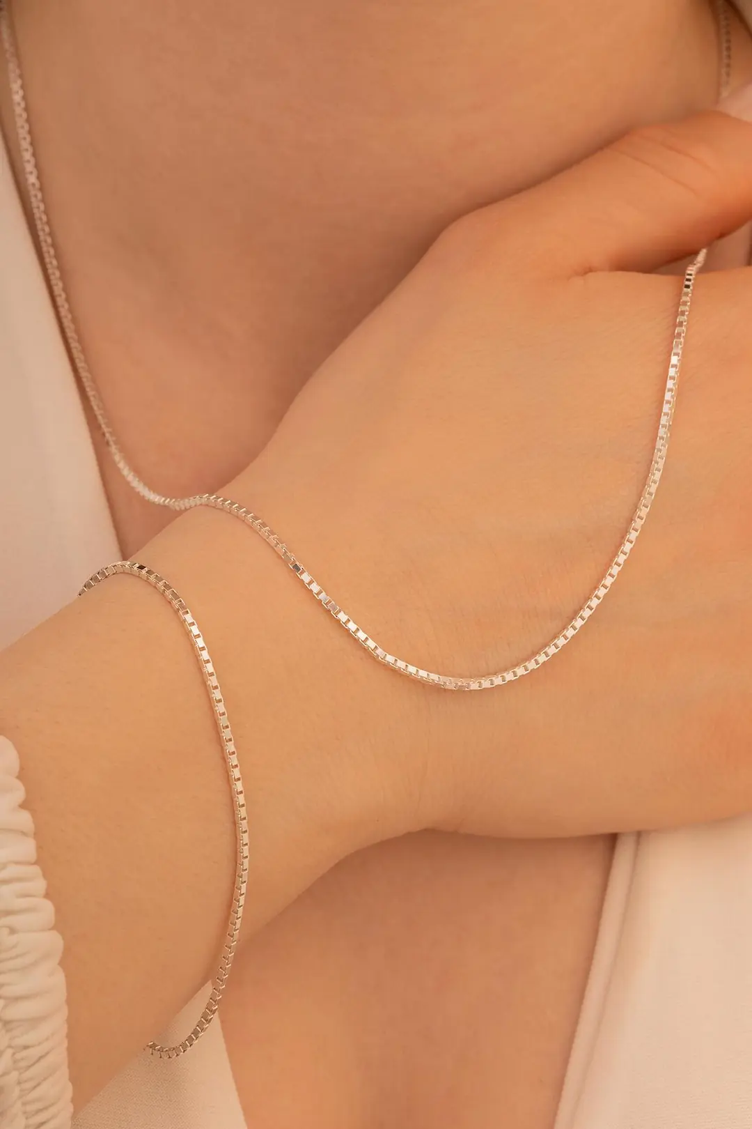 Women's Silver Necklace Bracelet Set 925 K 1.5mm Cube Chain Silver Set