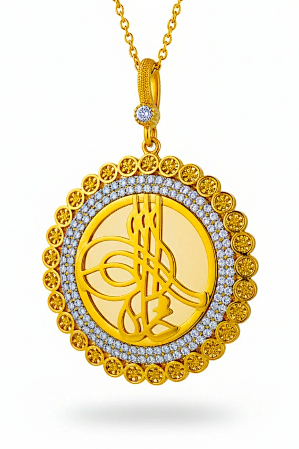 Kadın Gümüş Kolye - Osmanlı Tuğrası Motifli 22 Ayar Altın Kaplama Zirkon Taşlı Gümüş Kadın Kolye