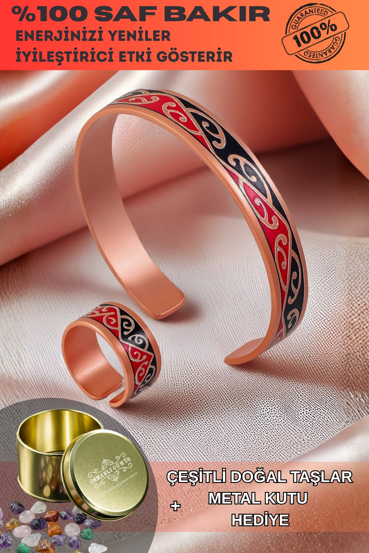 Kadın Bakır Bileklik Yüzük Set - Carlotta Model Özel Baskı Metal Kutu Ve Doğal Taşlar
