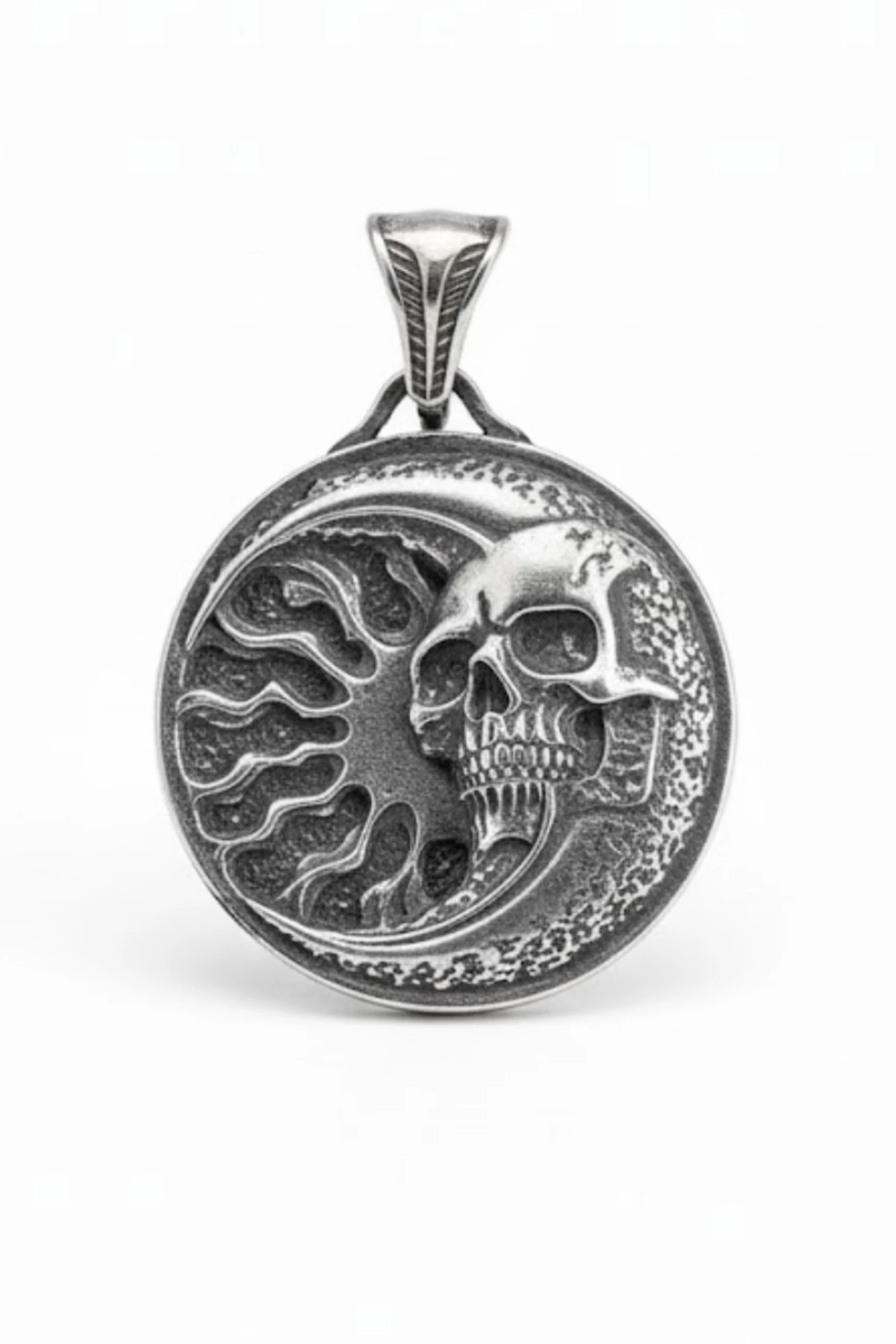 Erkek Gümüş Kolye - 925 Ayar Kabartmalı Güneş Ay ve İskelet Motif Tilki Kuyruğu Zincirli Erkek Kolye