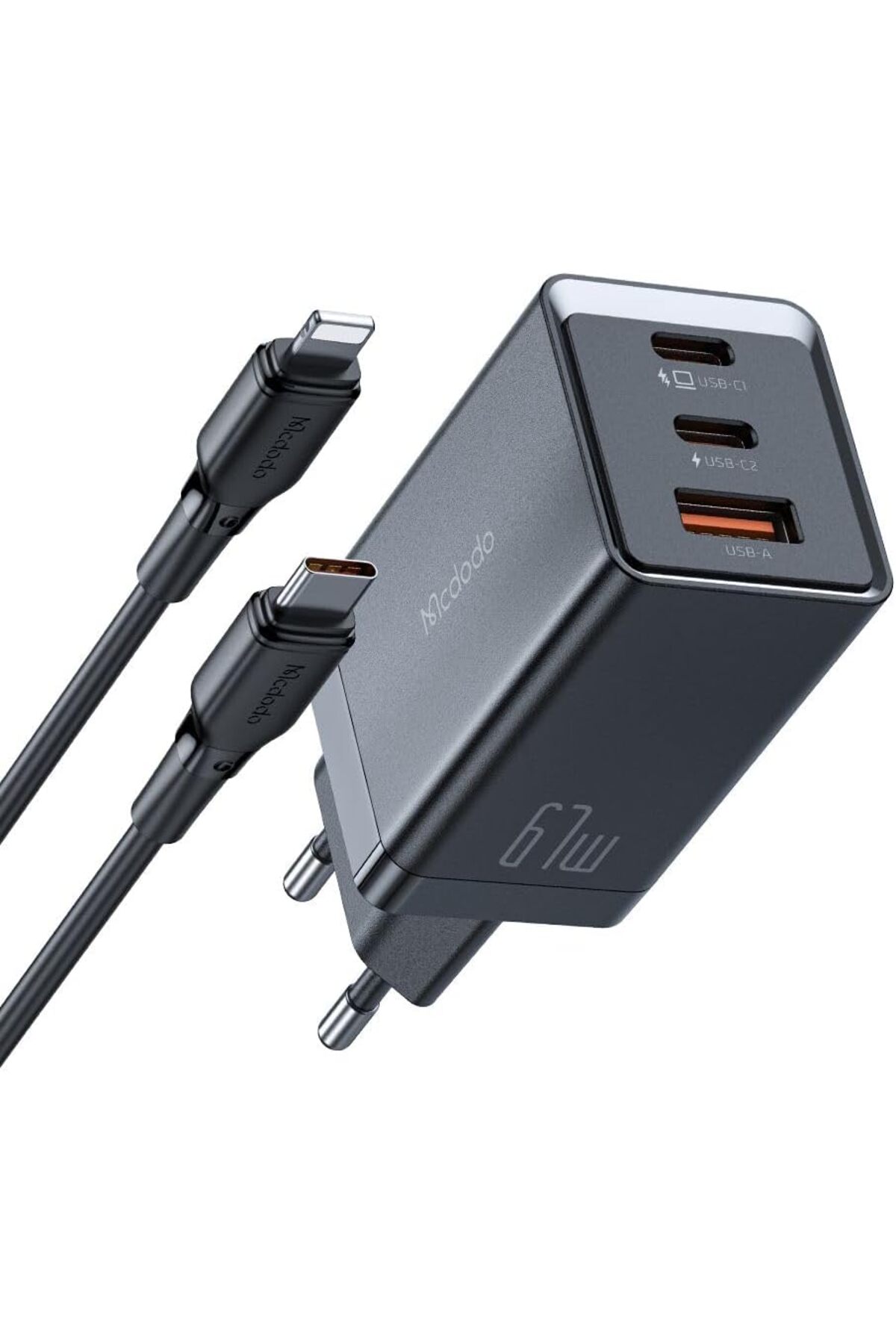 CH-1544 67W GAN 5 PRO 2 TYPE-C 1 USB-A GİRİŞLİ HIZLI ŞARJ ALETİ -TYPE-C TO LIGHTNING KABLOLU SİYAH