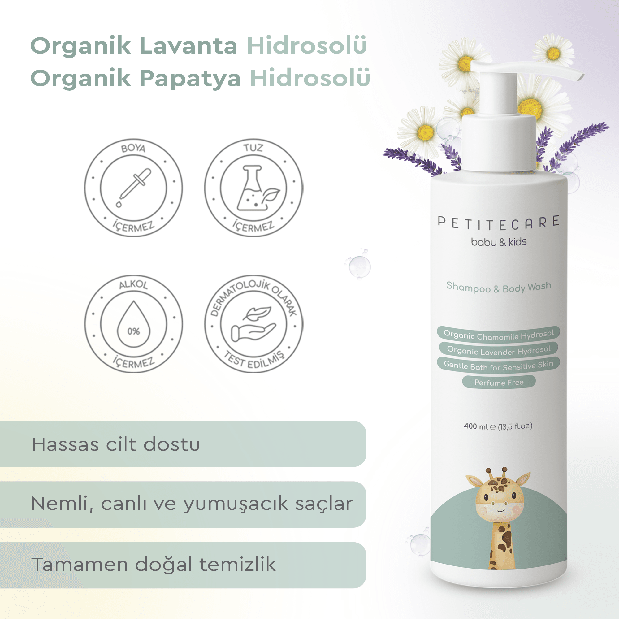 Organik Yenidoğan, Bebek, Çocuk Saç ve Vücut Şampuanı, Doğal, Parfümsüz, Organik Sertifikalı İçerik, 400 ML