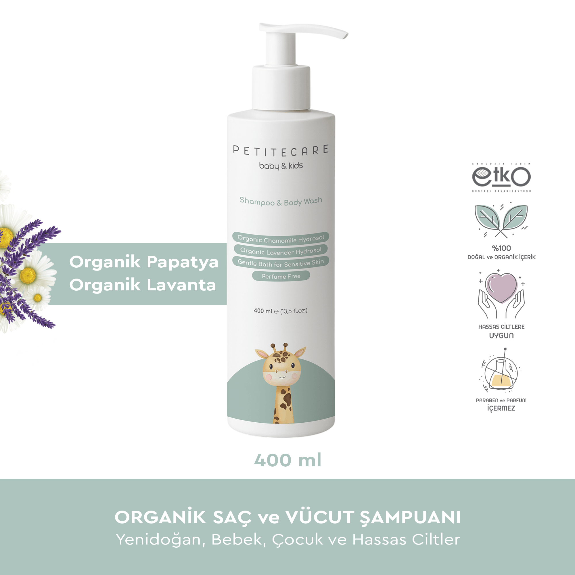 Organik Yenidoğan, Bebek, Çocuk Saç ve Vücut Şampuanı, Doğal, Parfümsüz, Organik Sertifikalı İçerik, 400 ML