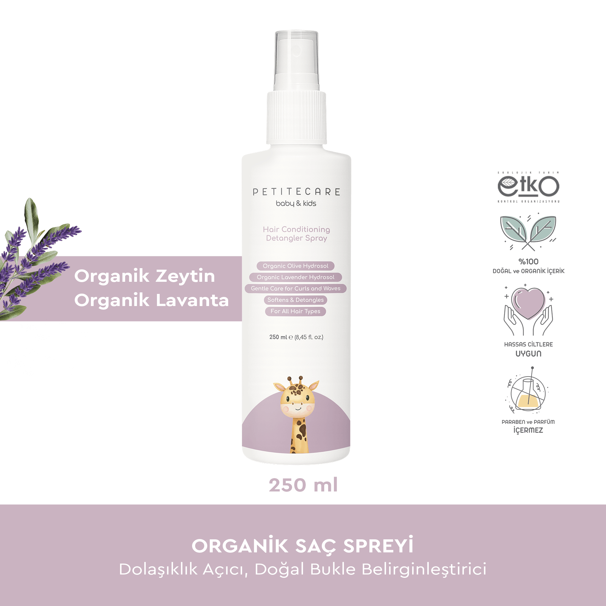 Organik Çocuk Saç Spreyi, Dolaşıklık Açıcı, Doğal Bukle Belirginleştirici, Parfümsüz, Organik Sertifikalı İçerik, 250 ML