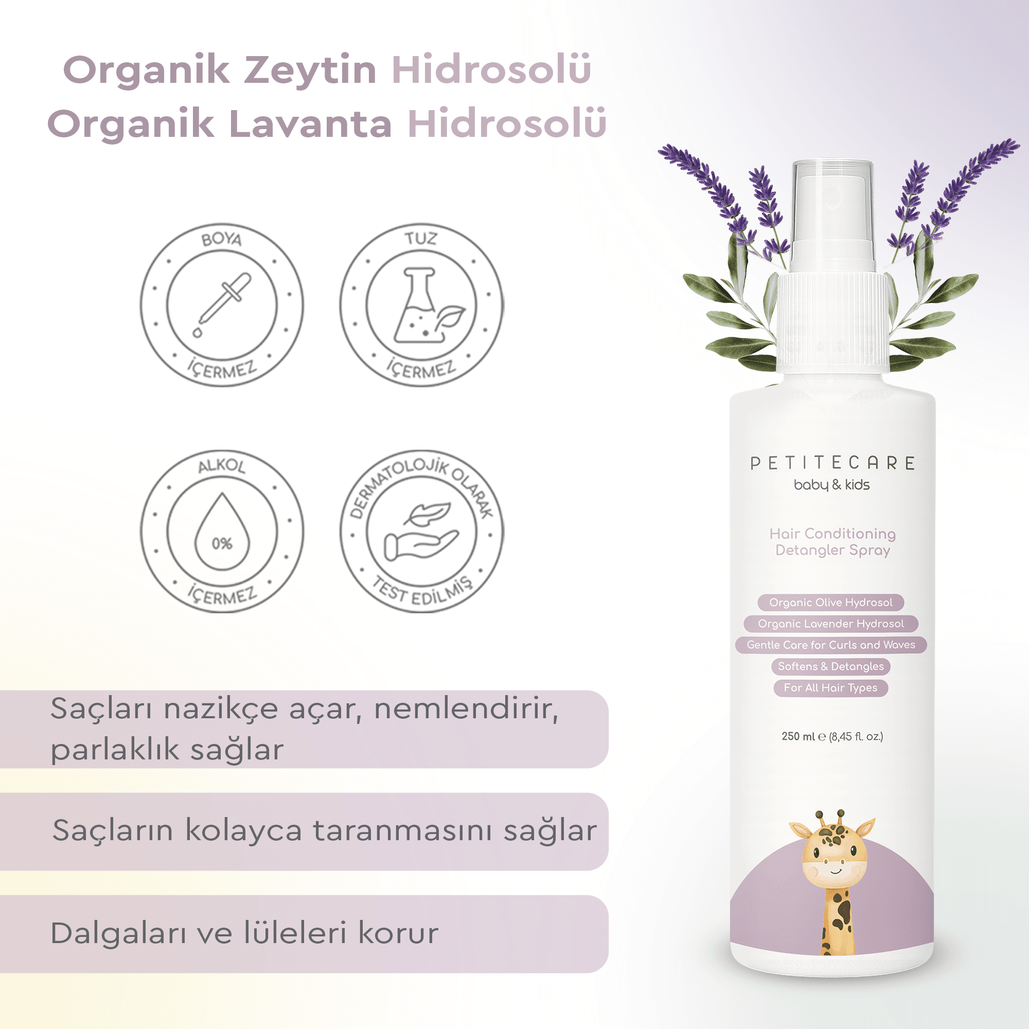Organik Çocuk Saç Spreyi, Dolaşıklık Açıcı, Doğal Bukle Belirginleştirici, Parfümsüz, Organik Sertifikalı İçerik, 250 ML