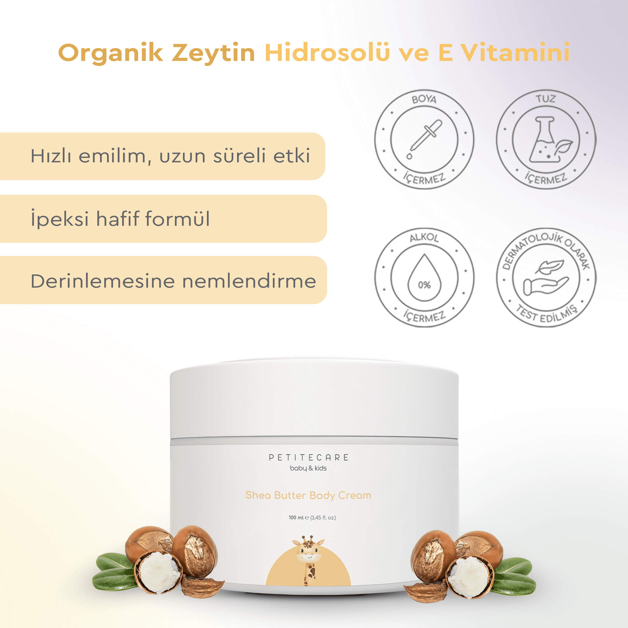Organik Bebek ve Çocuk Nemlendirici Shea Yağı, Doğal, Parfümsüz, Organik Sertifikalı İçerik, 100 ML