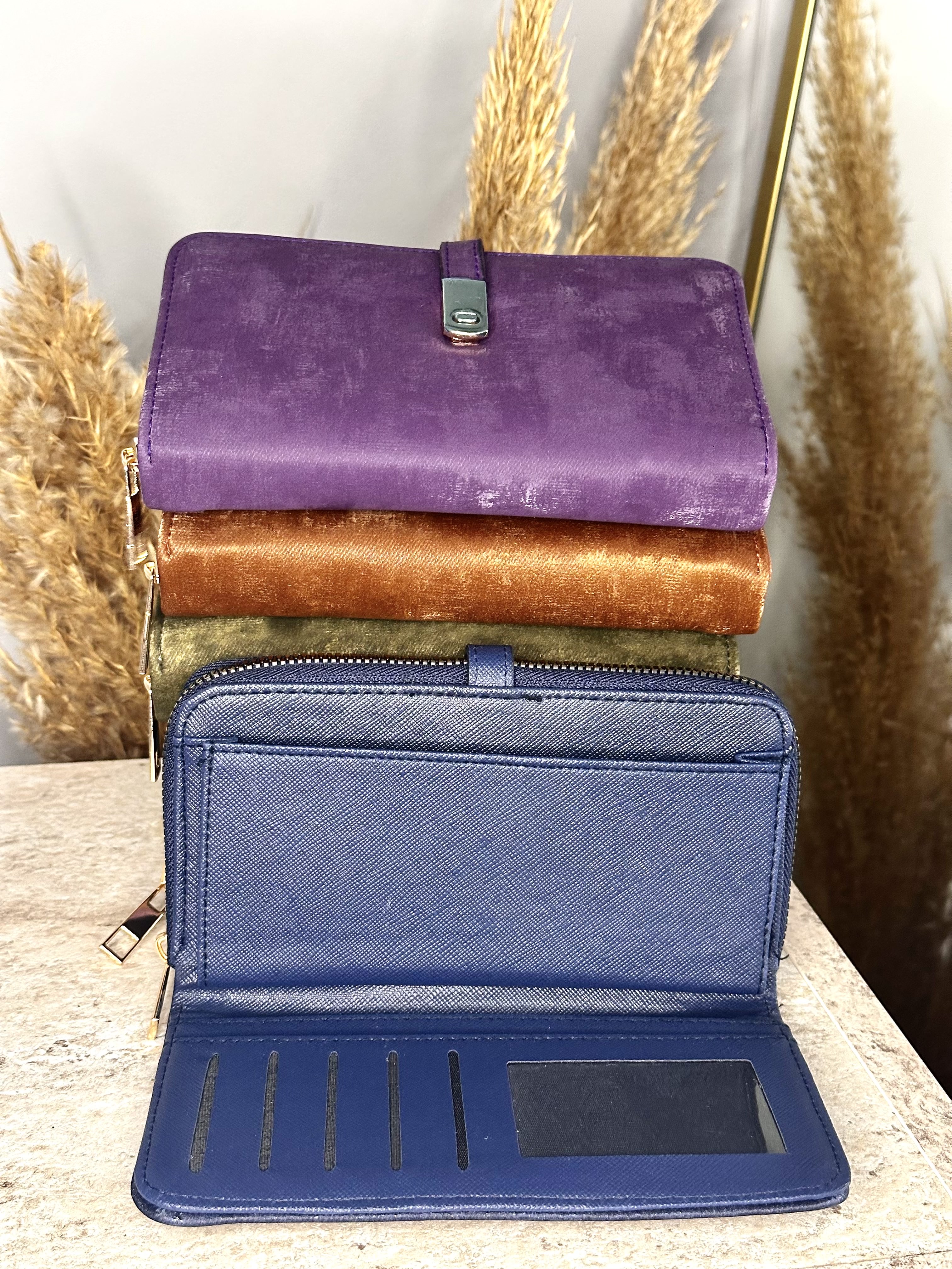 Suet Kadın Çıtçıtlı Cüzdan - Fermuarlı Telefon, Kağıt ve Bozuk Para Bölmeli - Lacivert