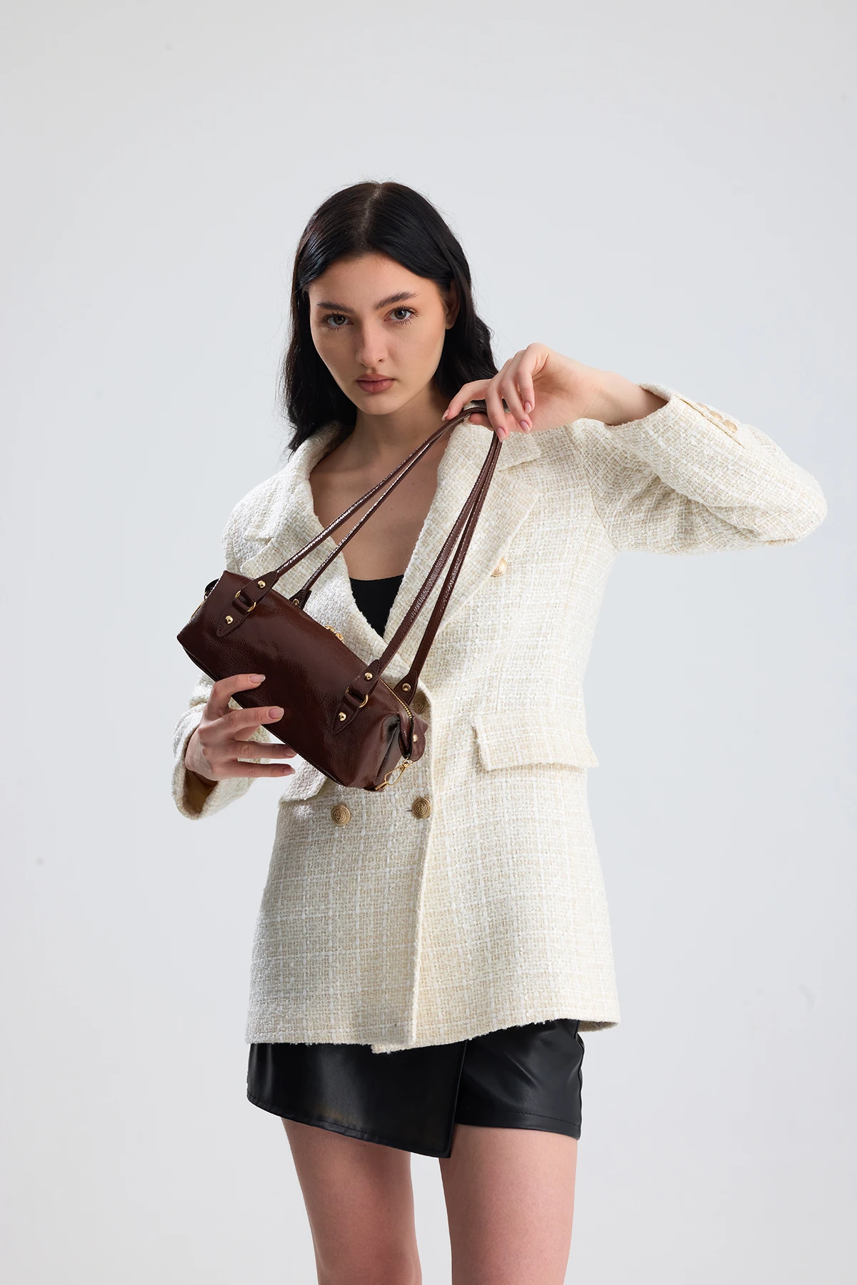 Olivra Toka Detaylı Mini Kadın Omuz, Kol ve El Çantası - Kahverengi