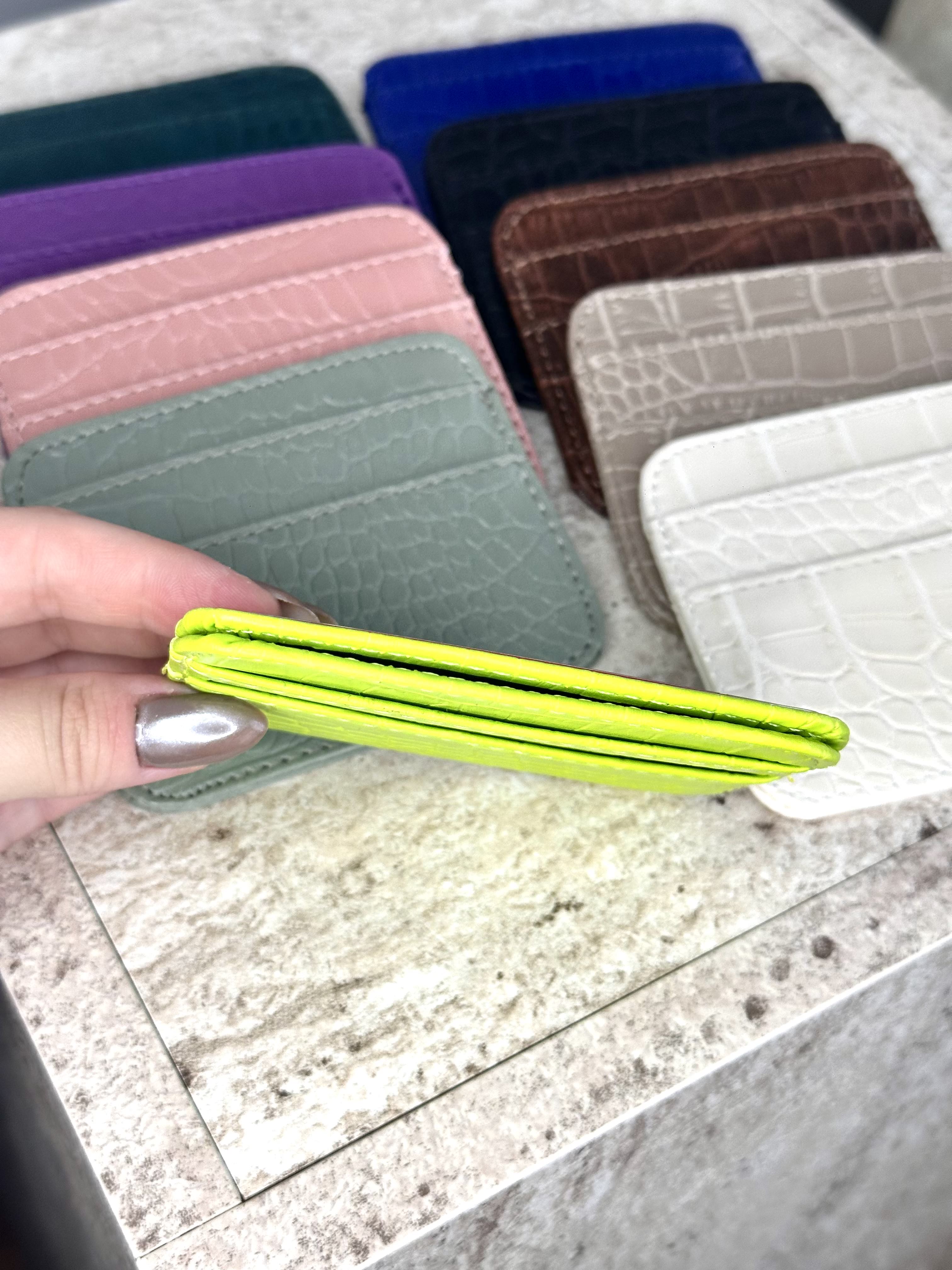 Dokulu Suni Deri, Kartlık - Kağıt Para Bölmeli Unisex Kartlık - Fosfor Yeşili