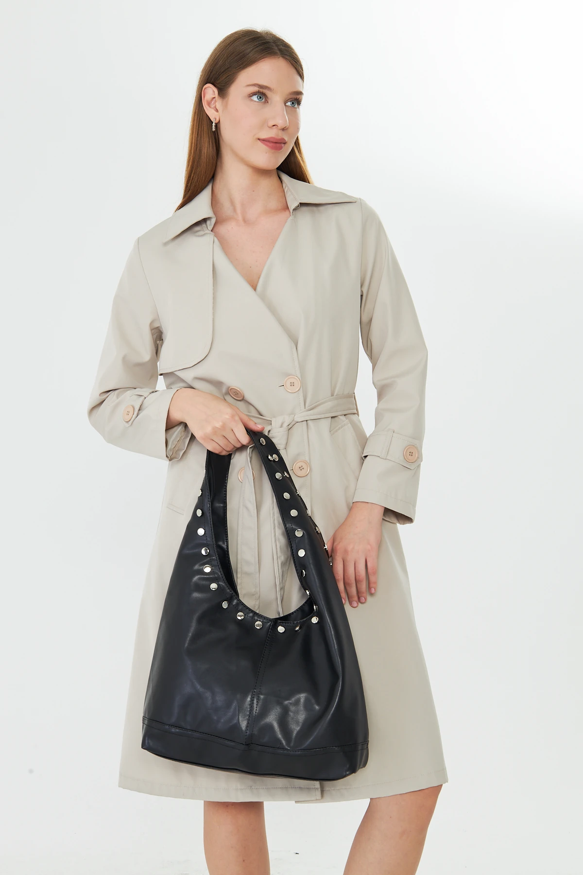 Siena Geniş Salaş Zımbalı Kadın Omuz, Kol ve El Çantası - Siyah