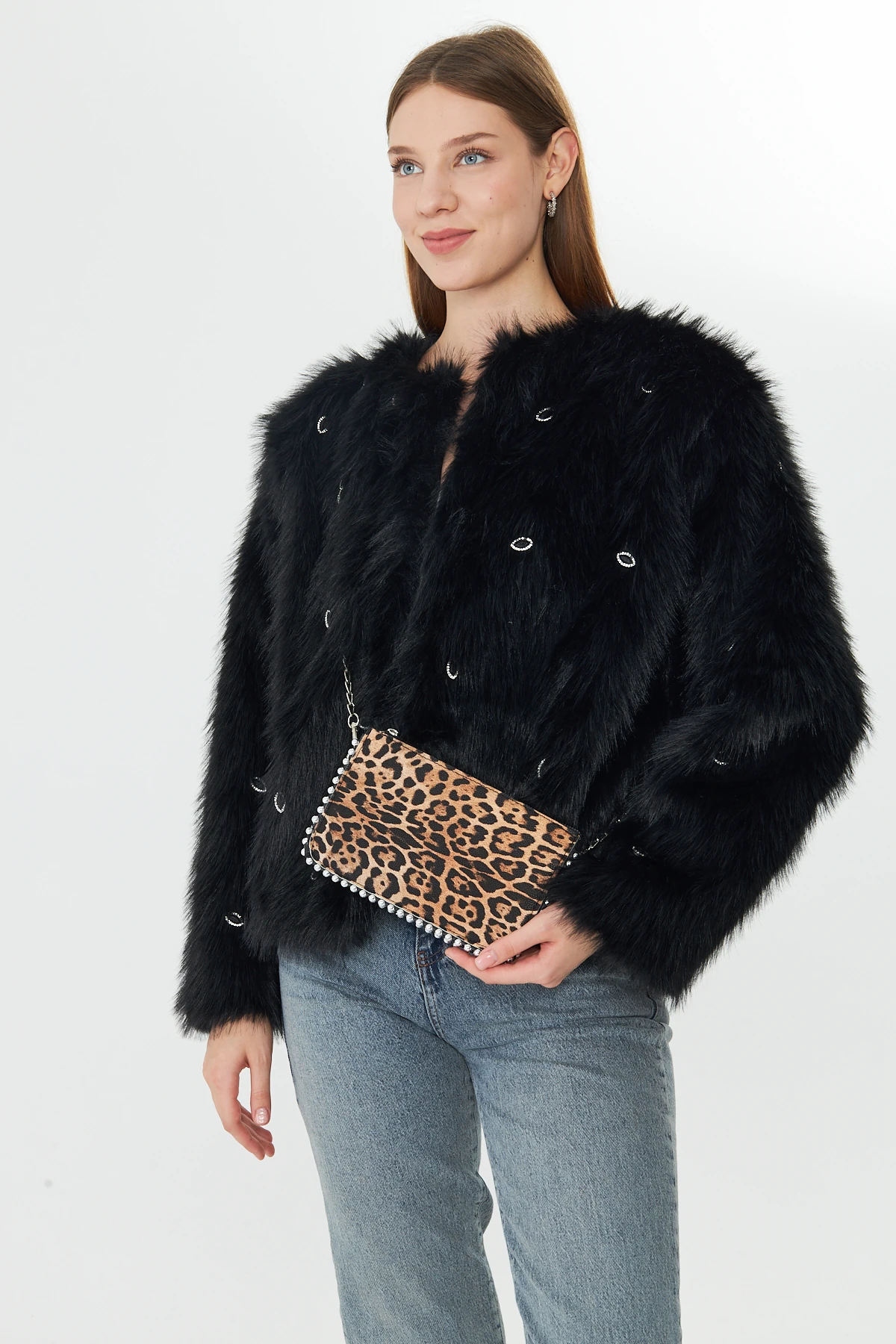 Feyora Zincir Askılı Boncuklu Kadın Omuz, Kol ve El Çantası - Leopar