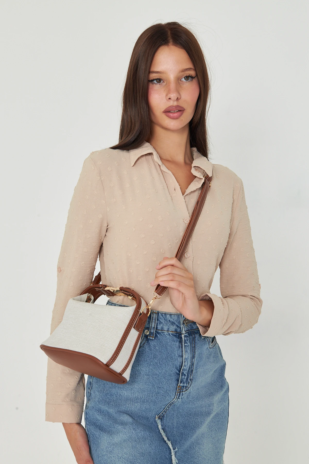 Ravella Kanvas Metal Tokalı Kadın El, Kol ve Omuz Çantası - Taba