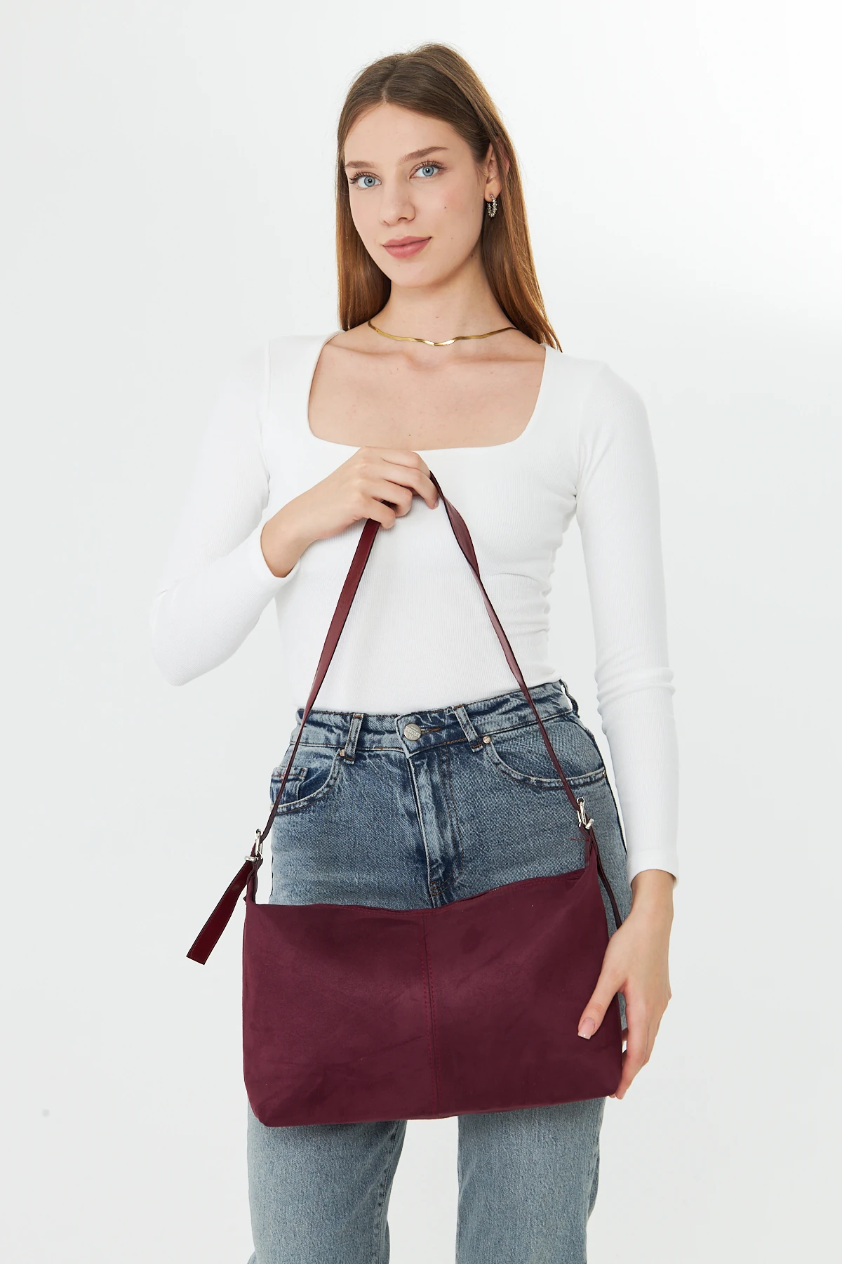 Metro Süet Kadın Omuz, Kol ve El Çantası - Bordo