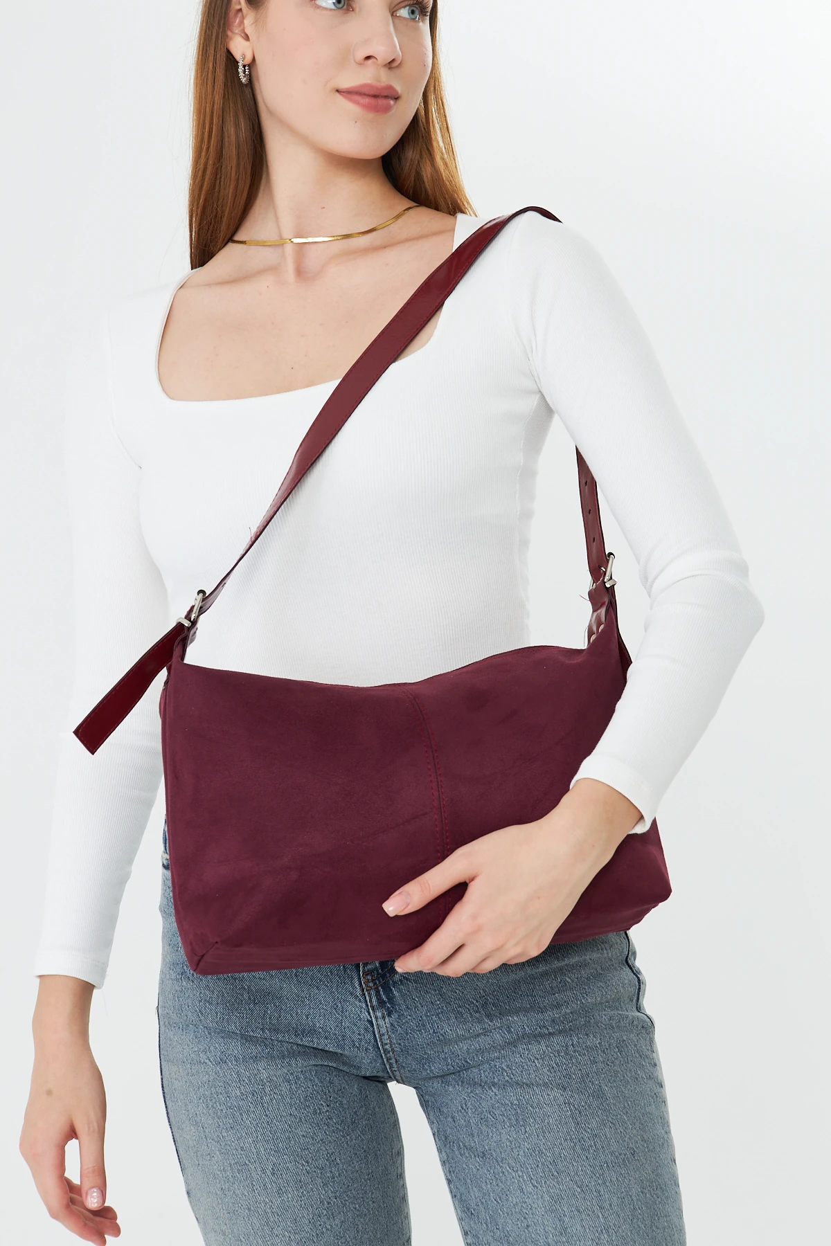 Metro Süet Kadın Omuz, Kol ve El Çantası - Bordo