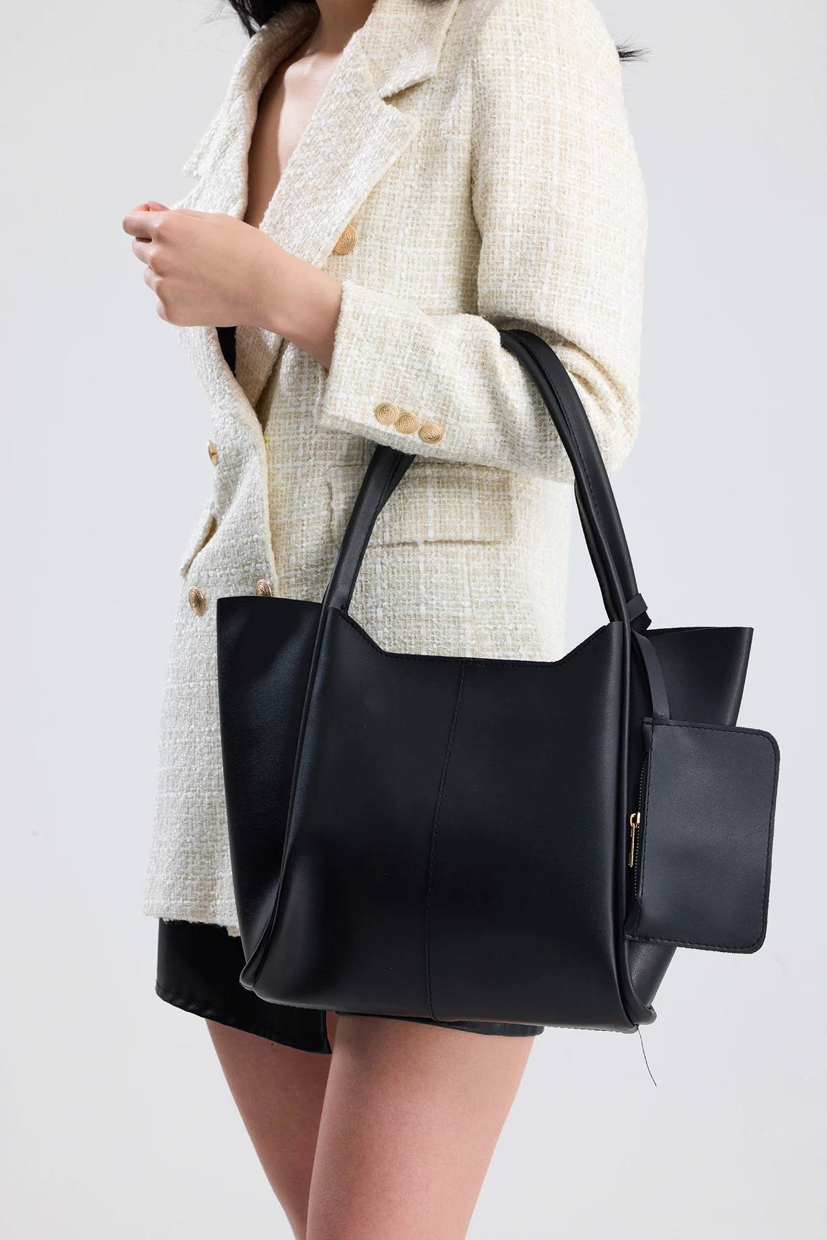  Velina Cüzdan Detaylı Büyük Boy Kadın El, Kol ve Omuz Çantası - Siyah