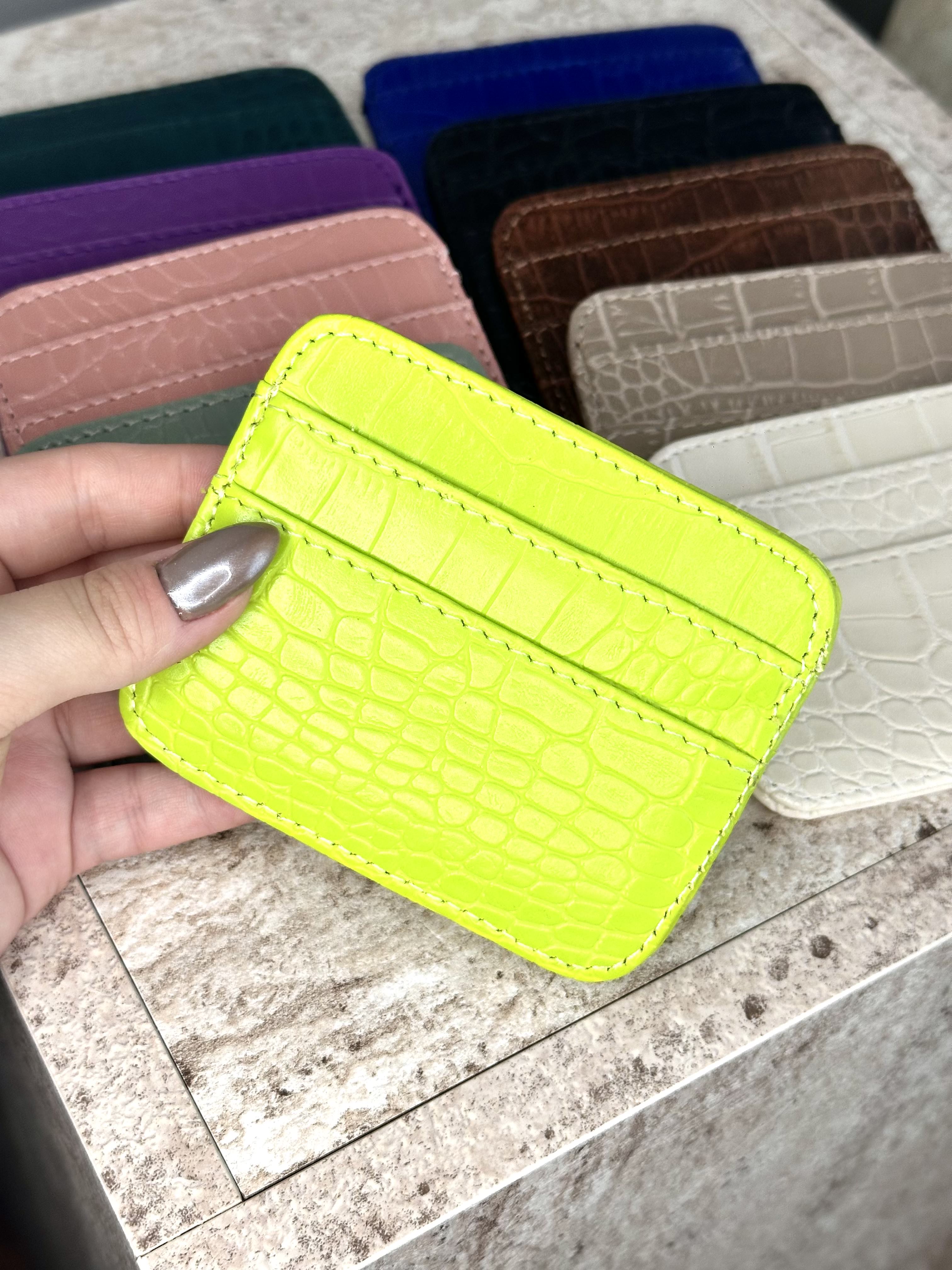 Dokulu Suni Deri, Kartlık - Kağıt Para Bölmeli Unisex Kartlık - Fosfor Yeşili