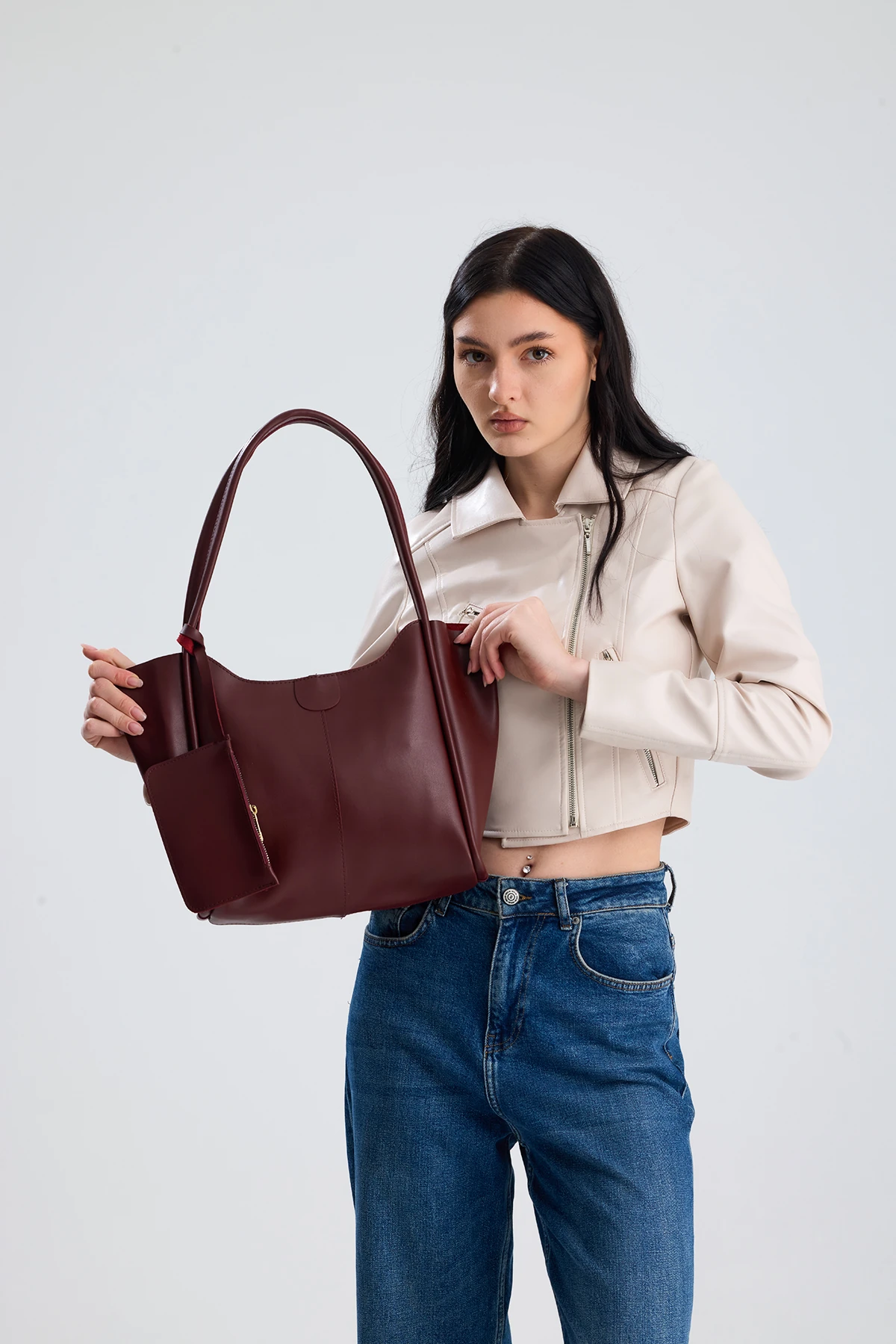  Velina Cüzdan Detaylı Büyük Boy Kadın El, Kol ve Omuz Çantası - Bordo