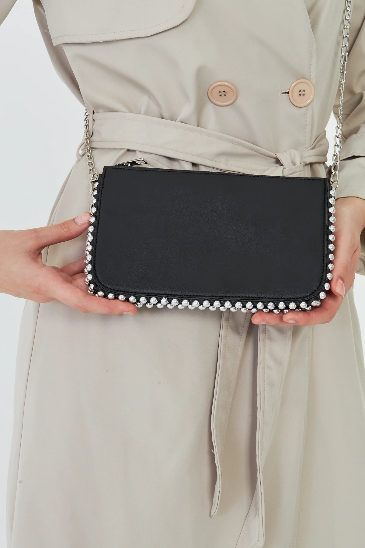 Feyora Zincir Askılı Boncuklu Kadın Omuz, Kol ve El Çantası - Siyah