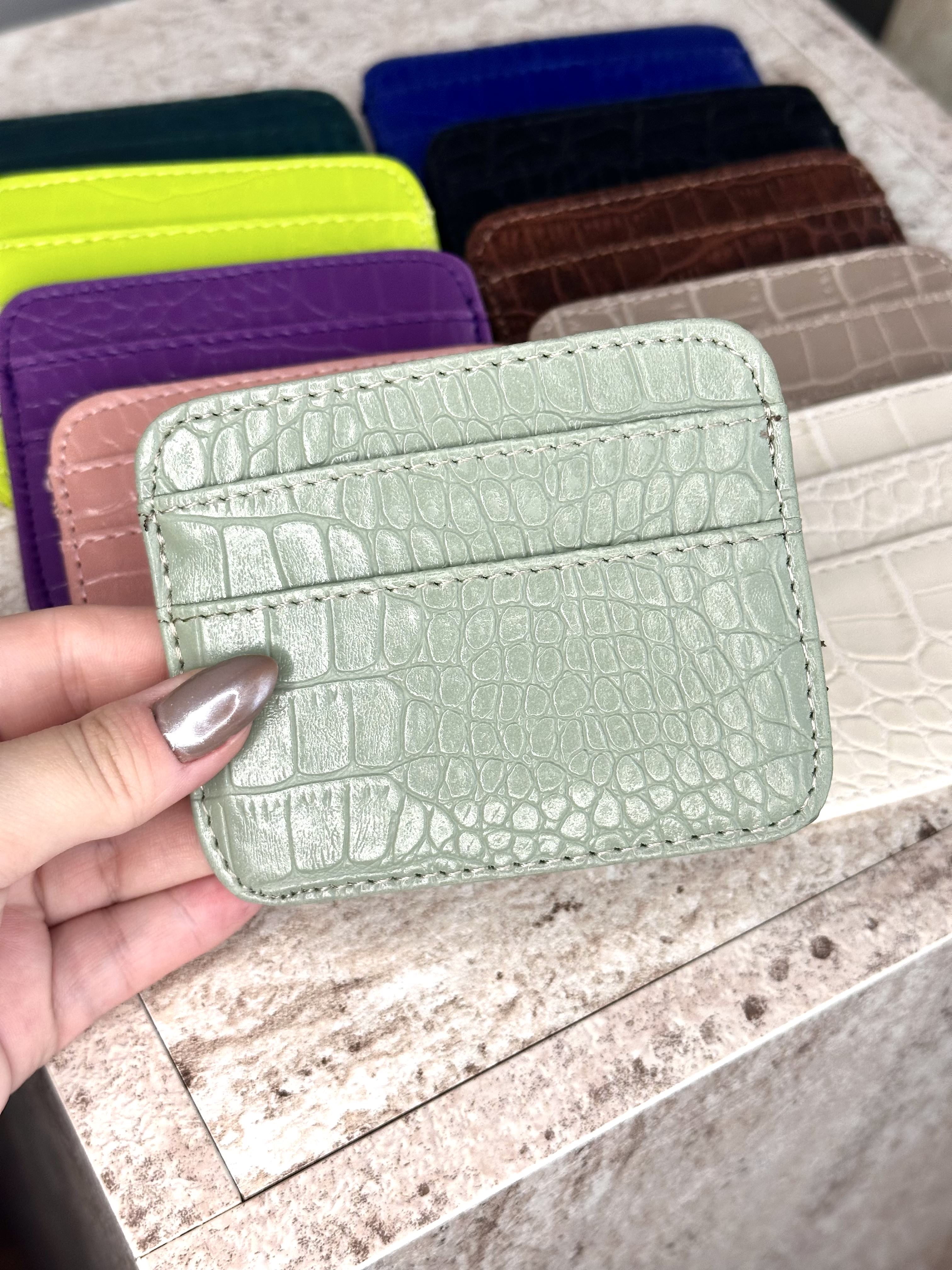 Dokulu Suni Deri, Kartlık - Kağıt Para Bölmeli Unisex Kartlık - Su Yeşili