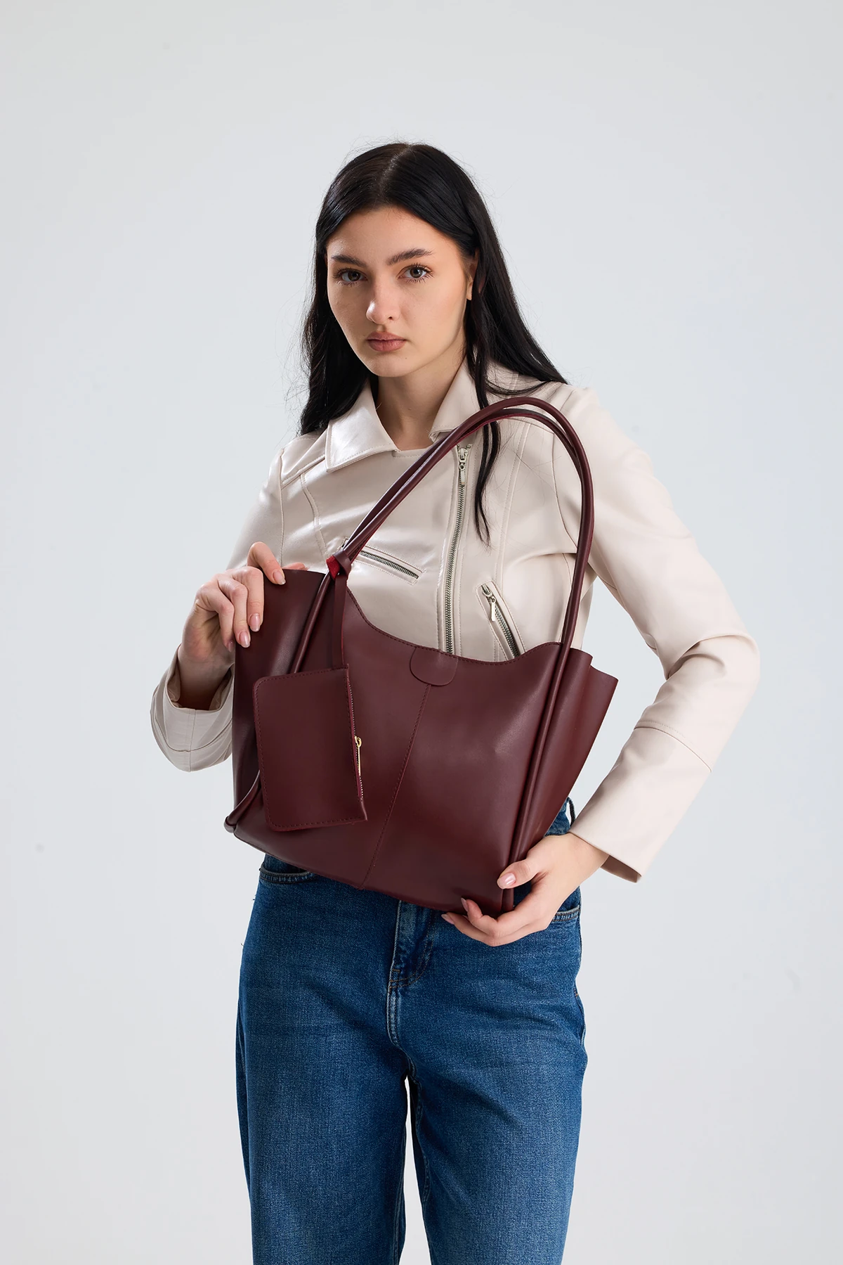  Velina Cüzdan Detaylı Büyük Boy Kadın El, Kol ve Omuz Çantası - Bordo