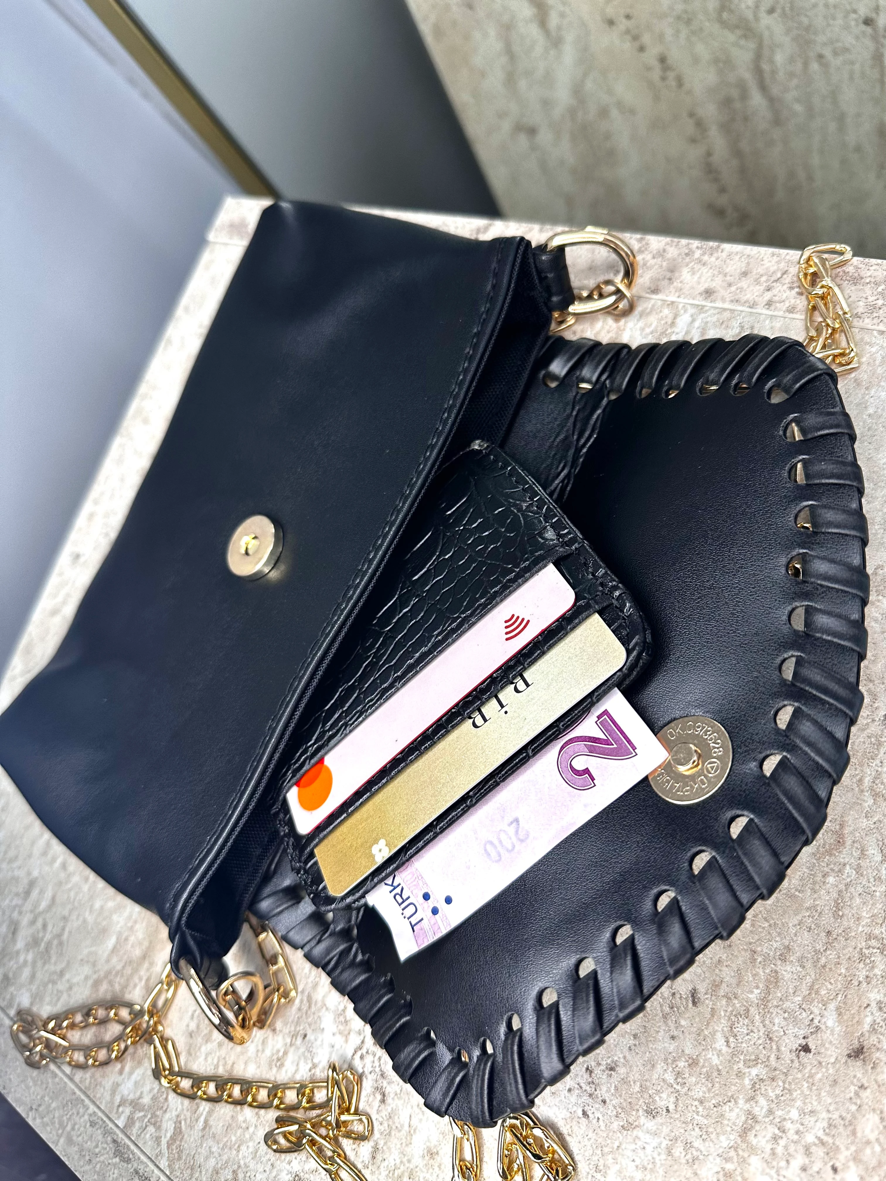 Dokulu Suni Deri, Kartlık - Kağıt Para Bölmeli Unisex Kartlık - Siyah