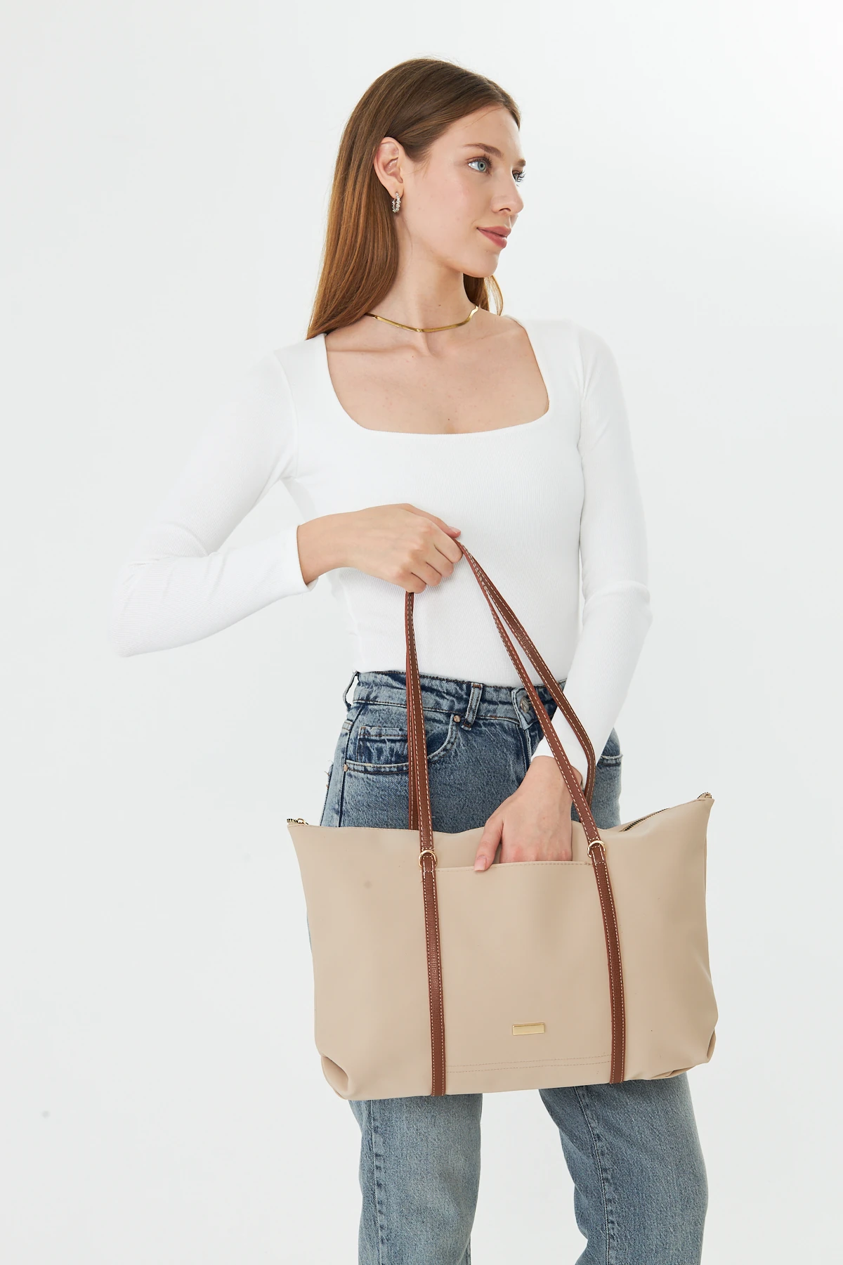 Isola Büyük Boy Şeritli Kadın Omuz, Kol ve El Çantası - Bej