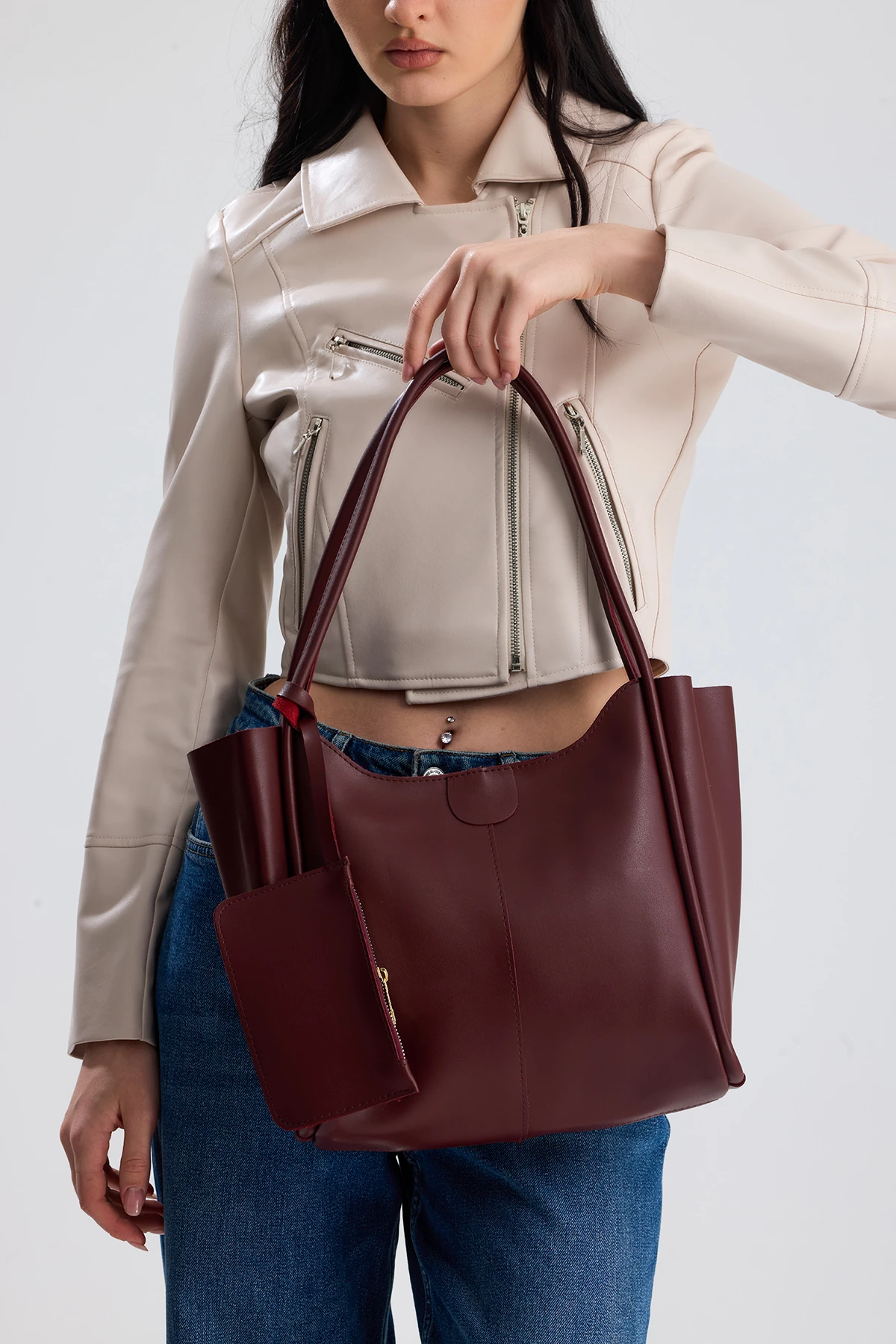  Velina Cüzdan Detaylı Büyük Boy Kadın El, Kol ve Omuz Çantası - Bordo